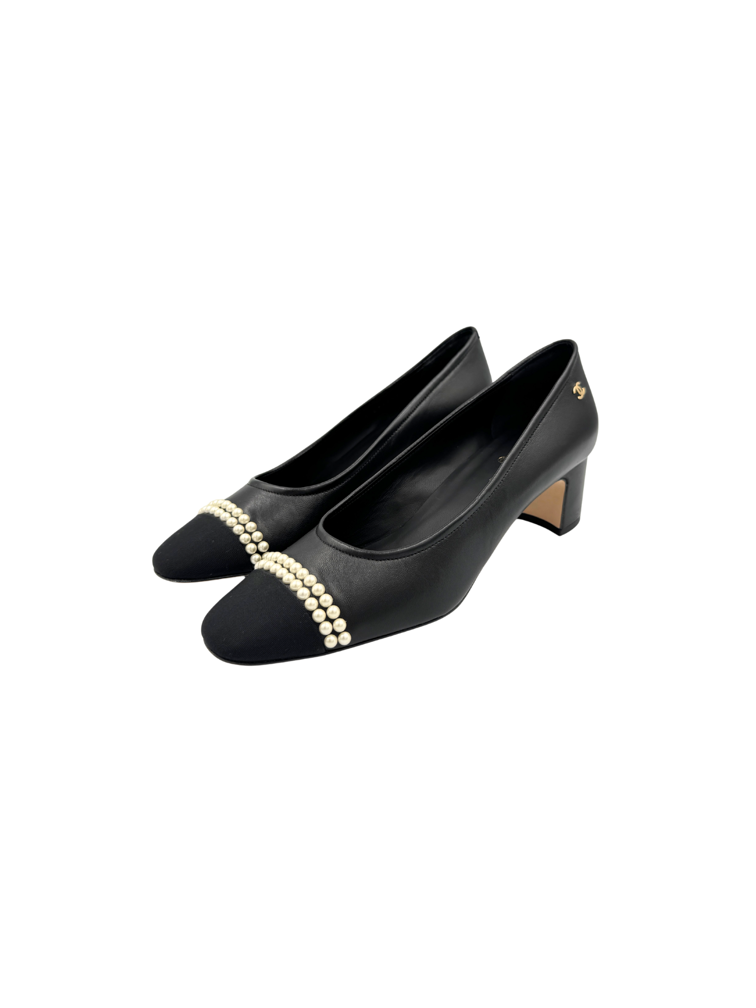 Size 39 2020 Pearl-Embellished CC Cap-Toe Pumps in Black Leather