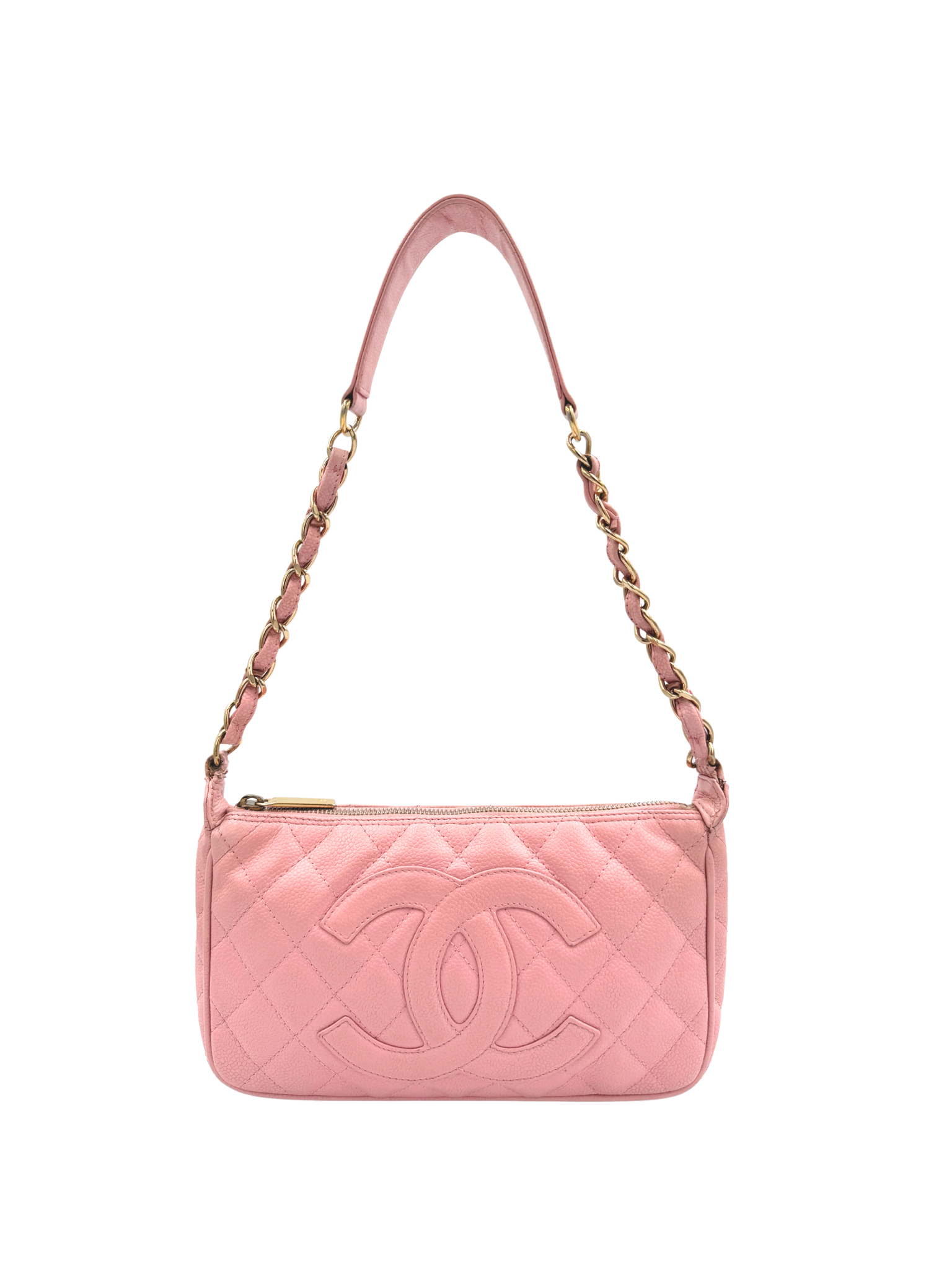 Vintage Karl Lagerfeld Era 2004 Classic CC Quilted Timeless Shoulder Bag Pochette in Pink Caviar Leather