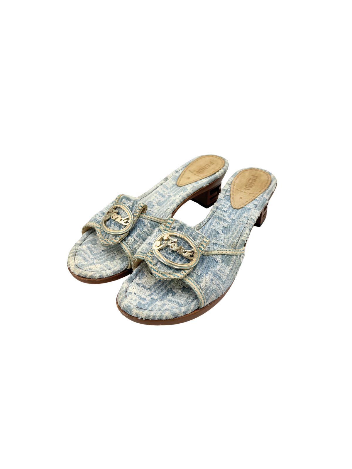 Size 38.5 Vintage Fendi Logo Frayed Denim Mule Sandals in Blue Denim