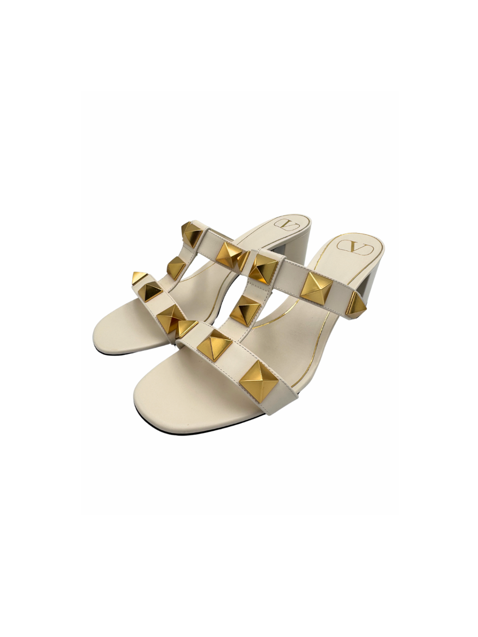 Size 40 Roman Stud Slide Heel Sandals 60mm in Ivory Smooth Calfskin Leather