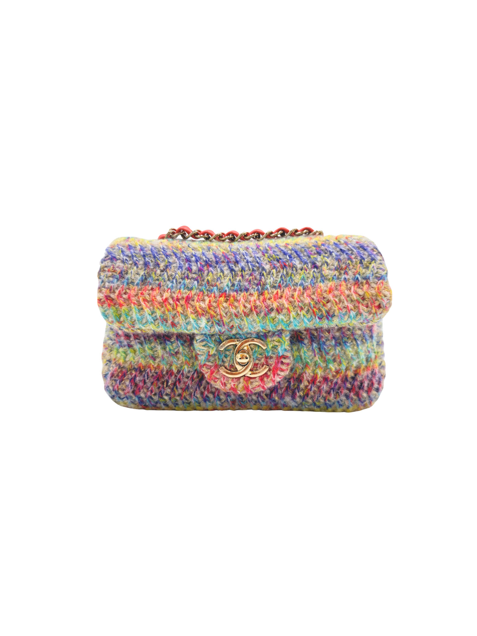 2020 Fantasy Classic Rectangular Mini Single Flap Bag in Rainbow Knit