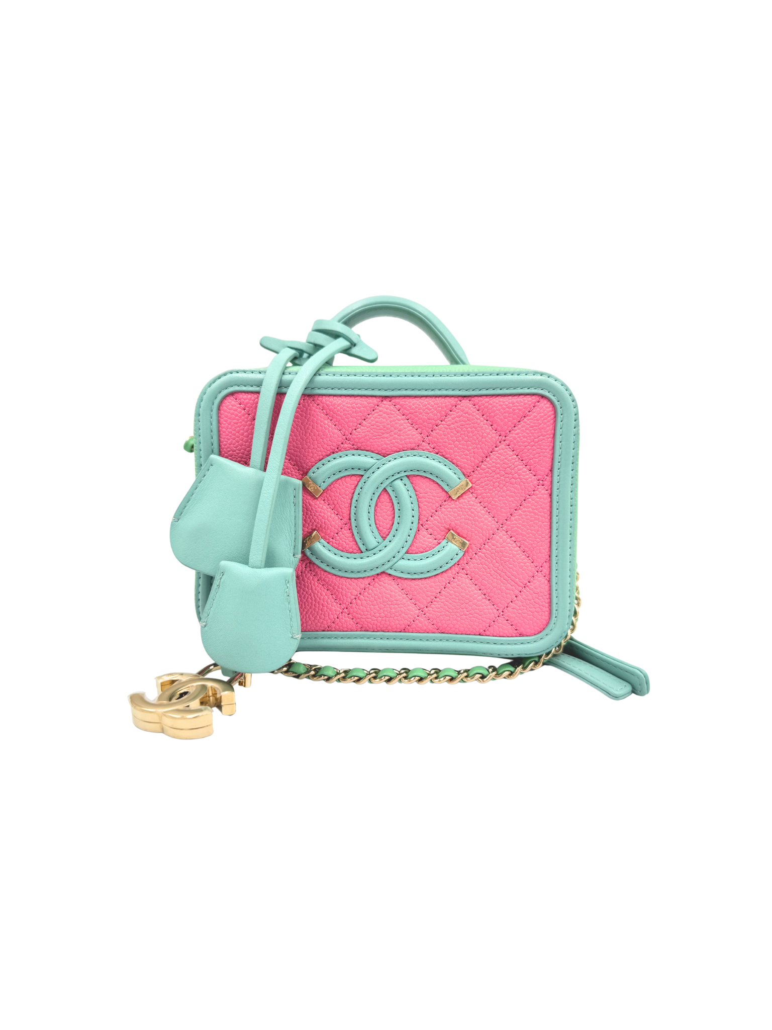 Small Tri-Color CC Classic Quilted Filigree Vanity Case Shoulder Bag in Pink/Green/Blue Caviar Leather