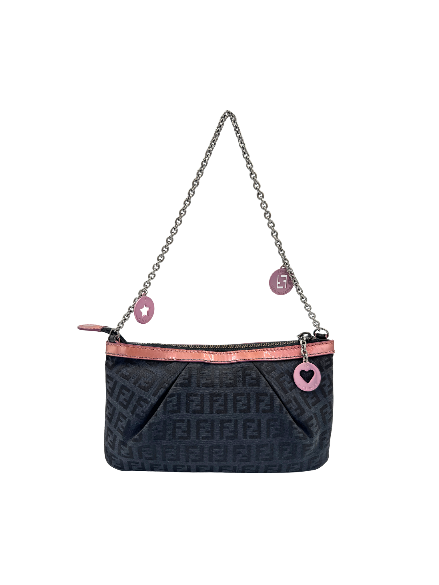 Vintage Zucchino FF Pochette Shoulder Bag with Fendi Strap Charms in Black Monogram Logo Jacquard Fabric with Pink Trim