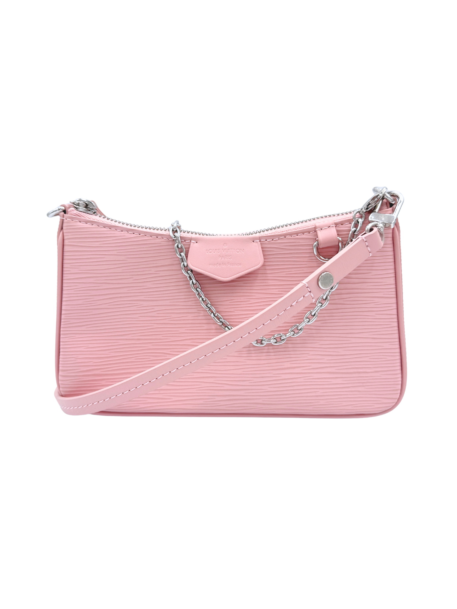 Easy Pouch on Strap Shoulder Bag with Chain in Rose Ballerine Pink Epi Leather