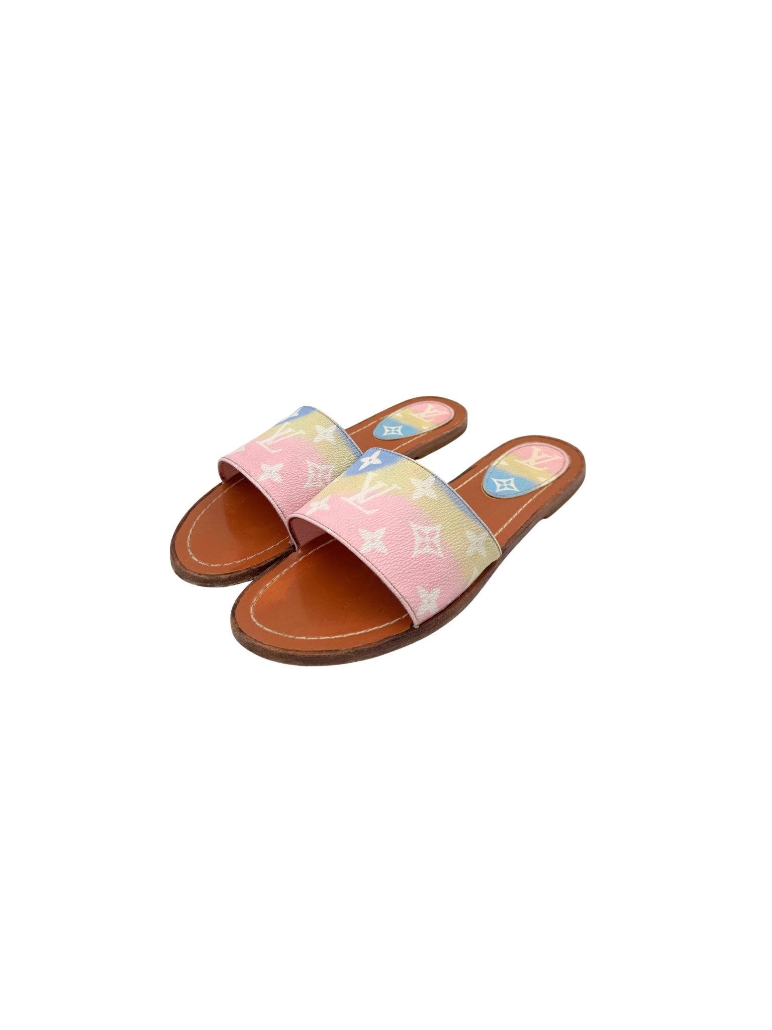 Size 38 Special Edition Monogram Escale Lock It Flat Mule Slide Sandals in Pastel Multicolor Coated Canvas