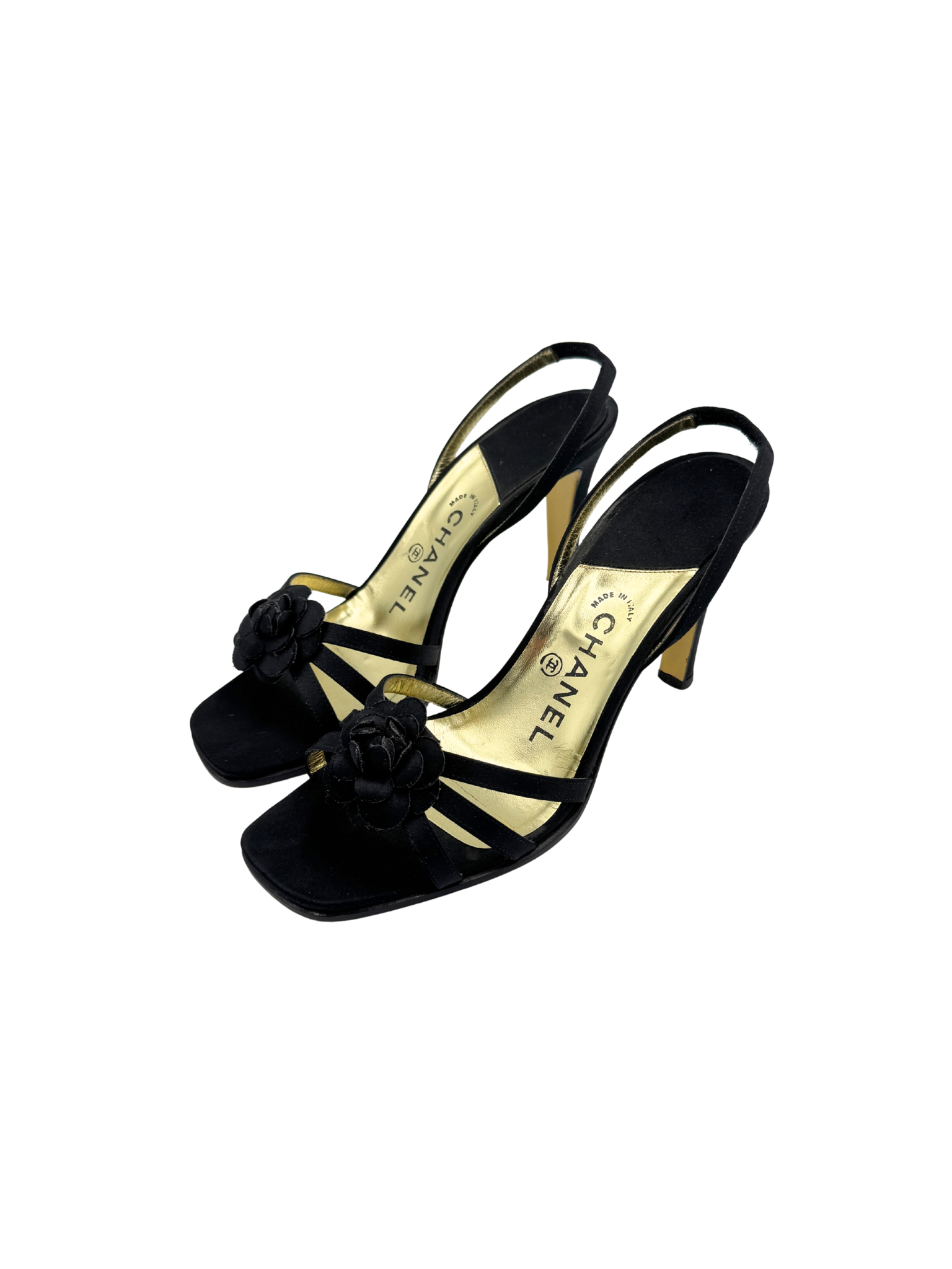 Size 38.5 Vintage Karl Lagerfeld Era Camellia Strappy Square Toe Sandals in Black Fabric