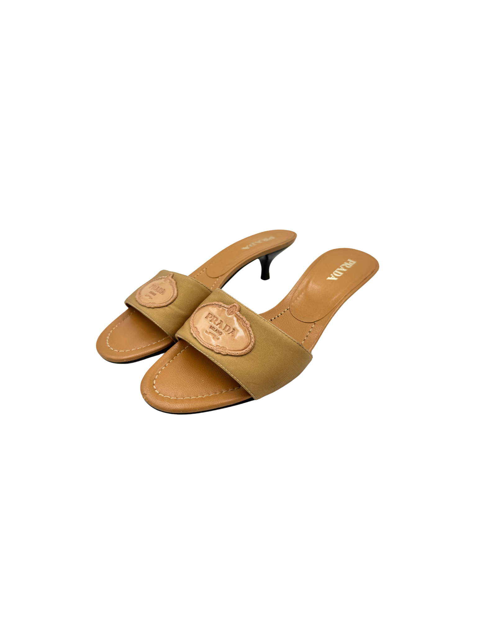 Size 39 Logo Slip-on Mule Kitten Heel Sandals in Tan Leather & Satin