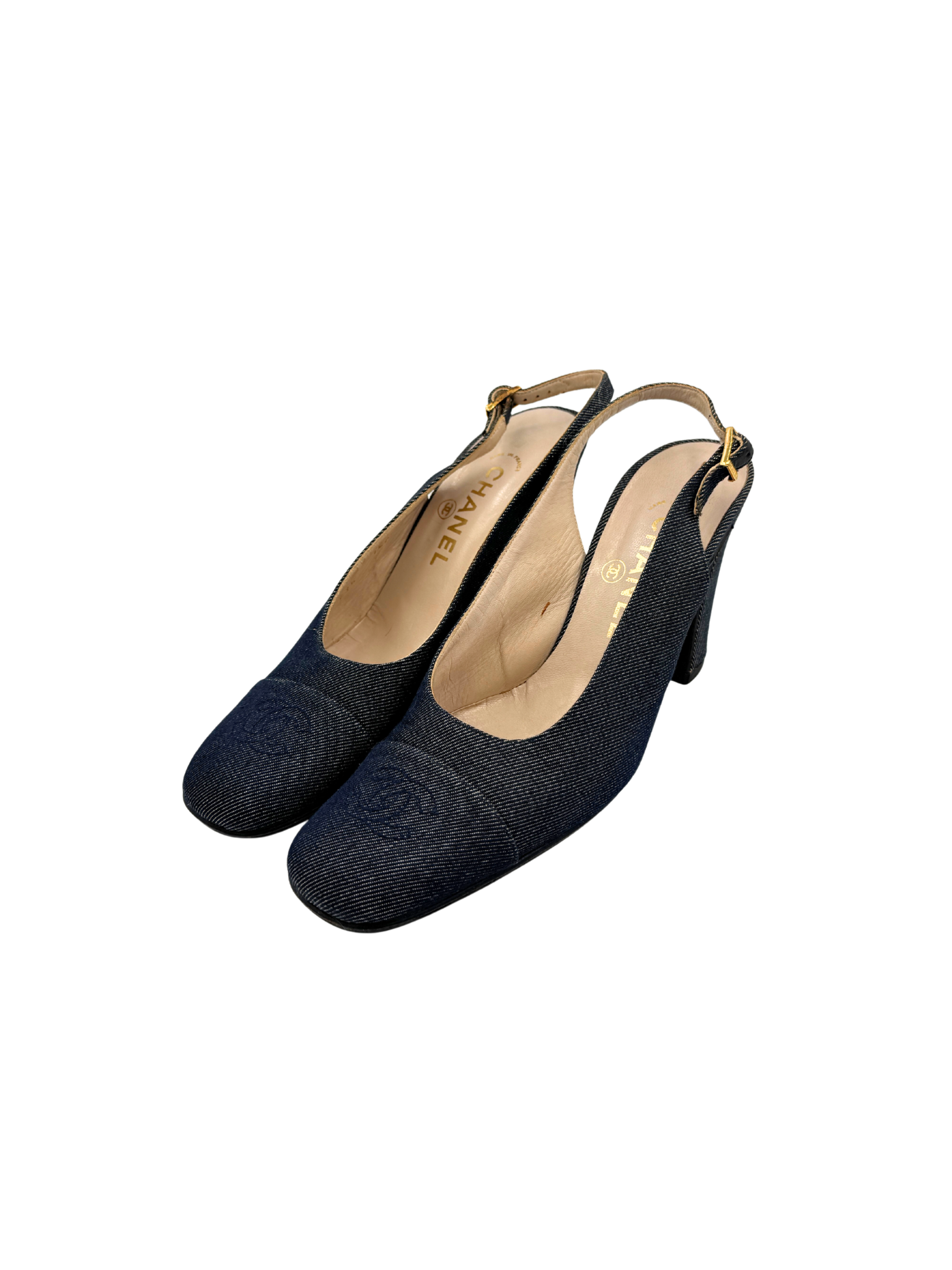 Size 37.5 Vintage Karl Lagerfeld Era CC Logo Slingback Heels in Navy Denim