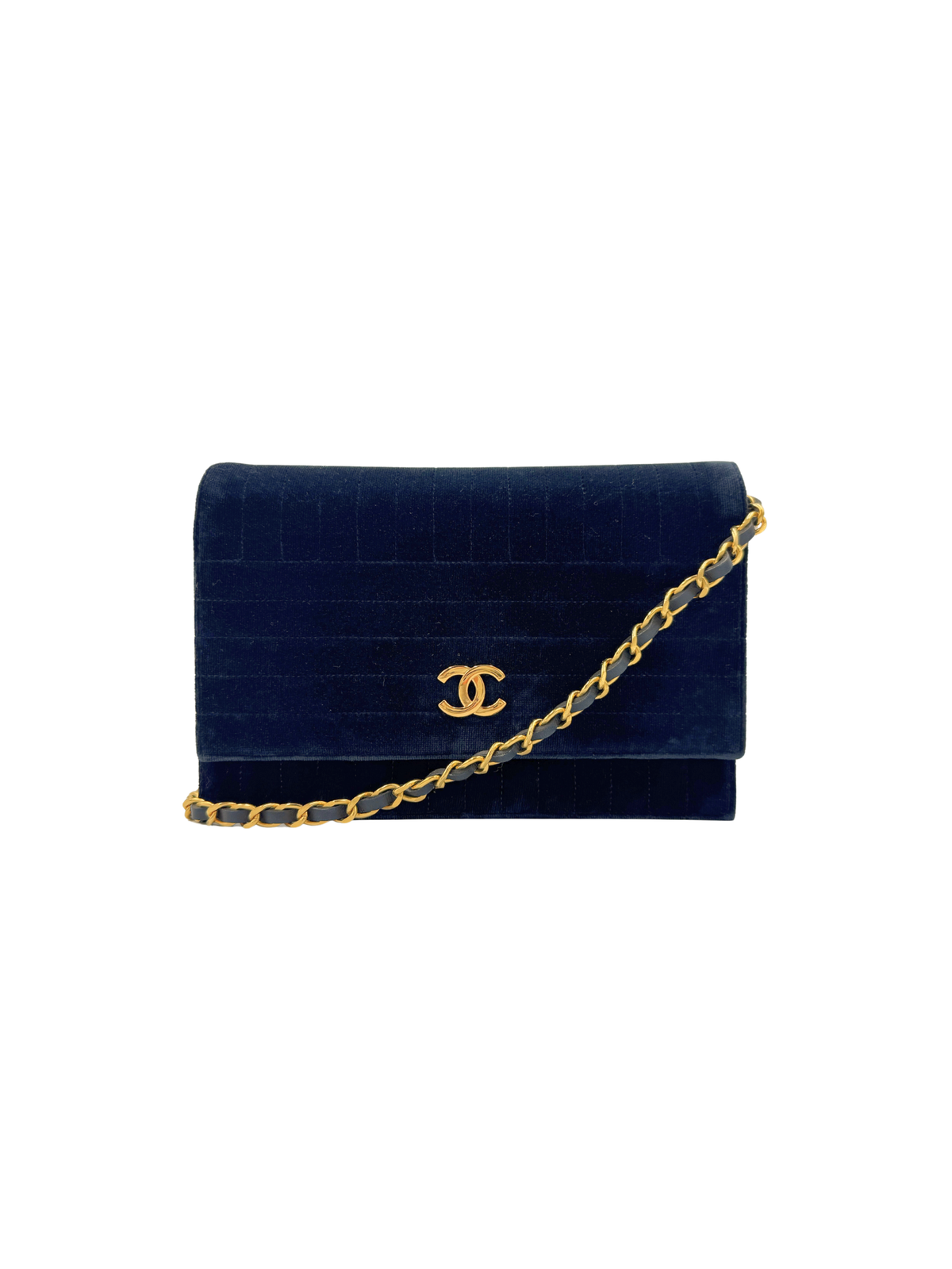 Vintage Karl Lagerfeld Era CC Matelasse Quilted Single Flap Shoulder Bag in Navy Velvet
