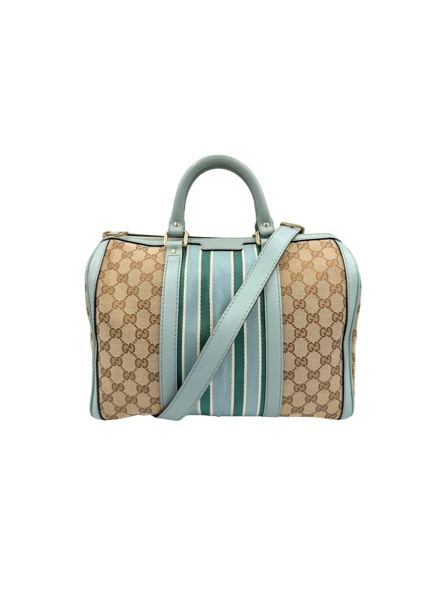 Striped GG Boston Bag with Top Handle in Brown and Tan Monogram GG Supreme Canvas with Blue and Green Accents