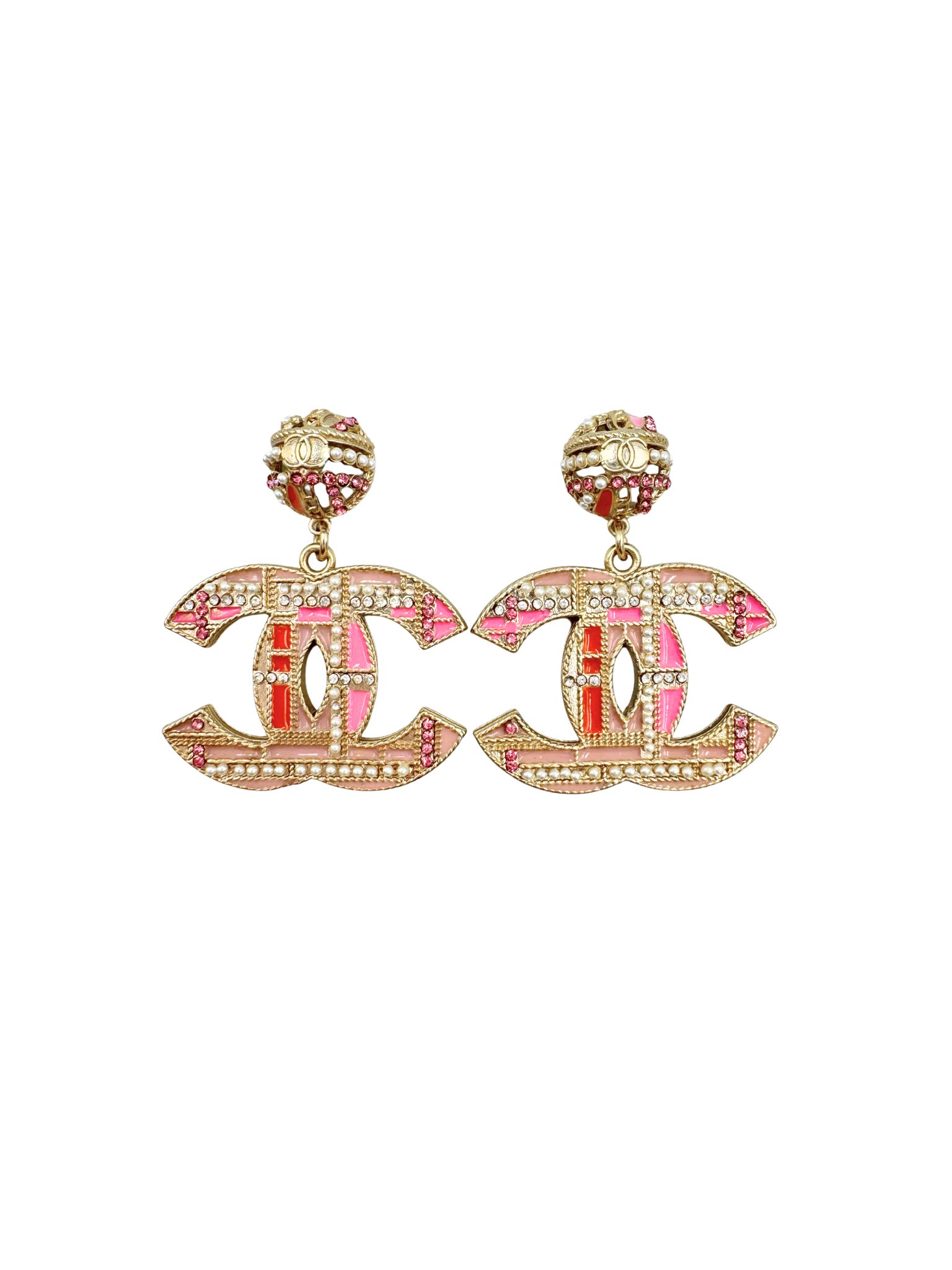 2020 CC Pearl & Crystal-Embellished Drop Earrings in Champagne Gold Hardware with Pink/Orange Enamel