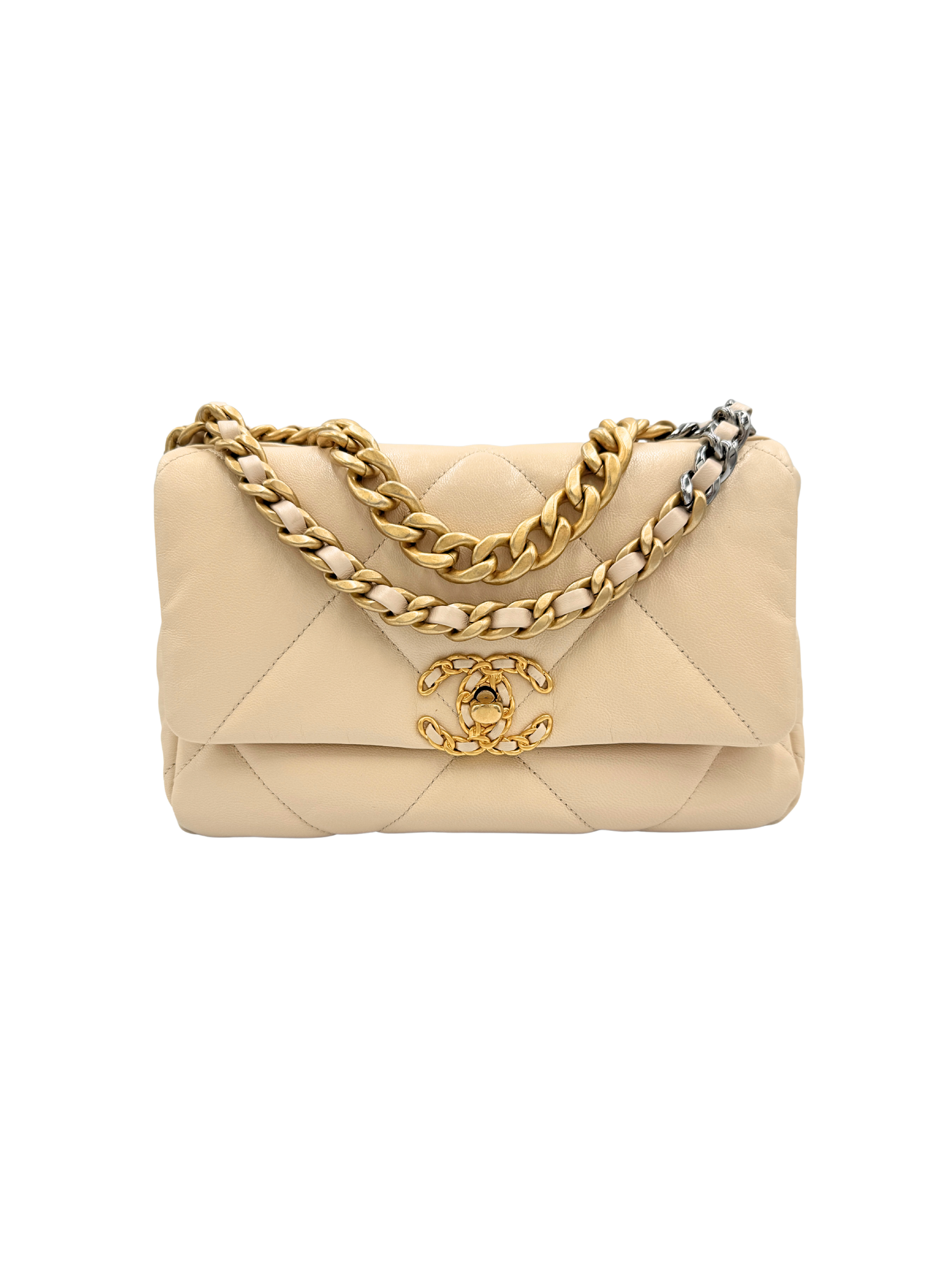 Quilted Medium Chanel 19 Shoulder Bag in Beige Lambskin Leather