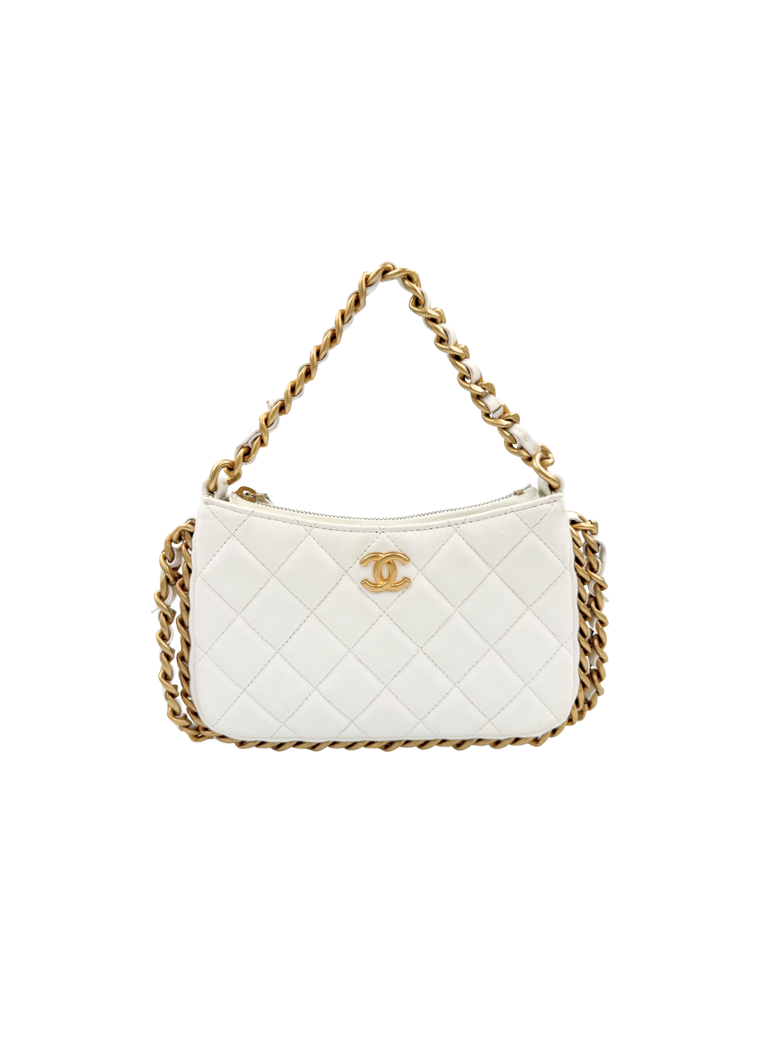 Classic Quilted Chain Around Trendy Hobo Shoulder Bag with Top Handle in White Lambskin Leather