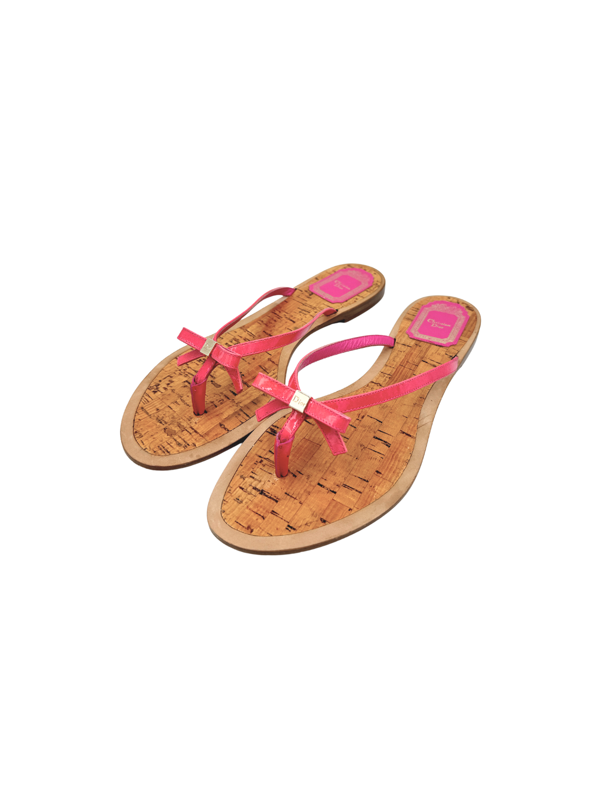Size 40 Vintage John Galliano Era Dior Logo Cube Thong Sandals with Bow in Pink Patent Leather & Cork