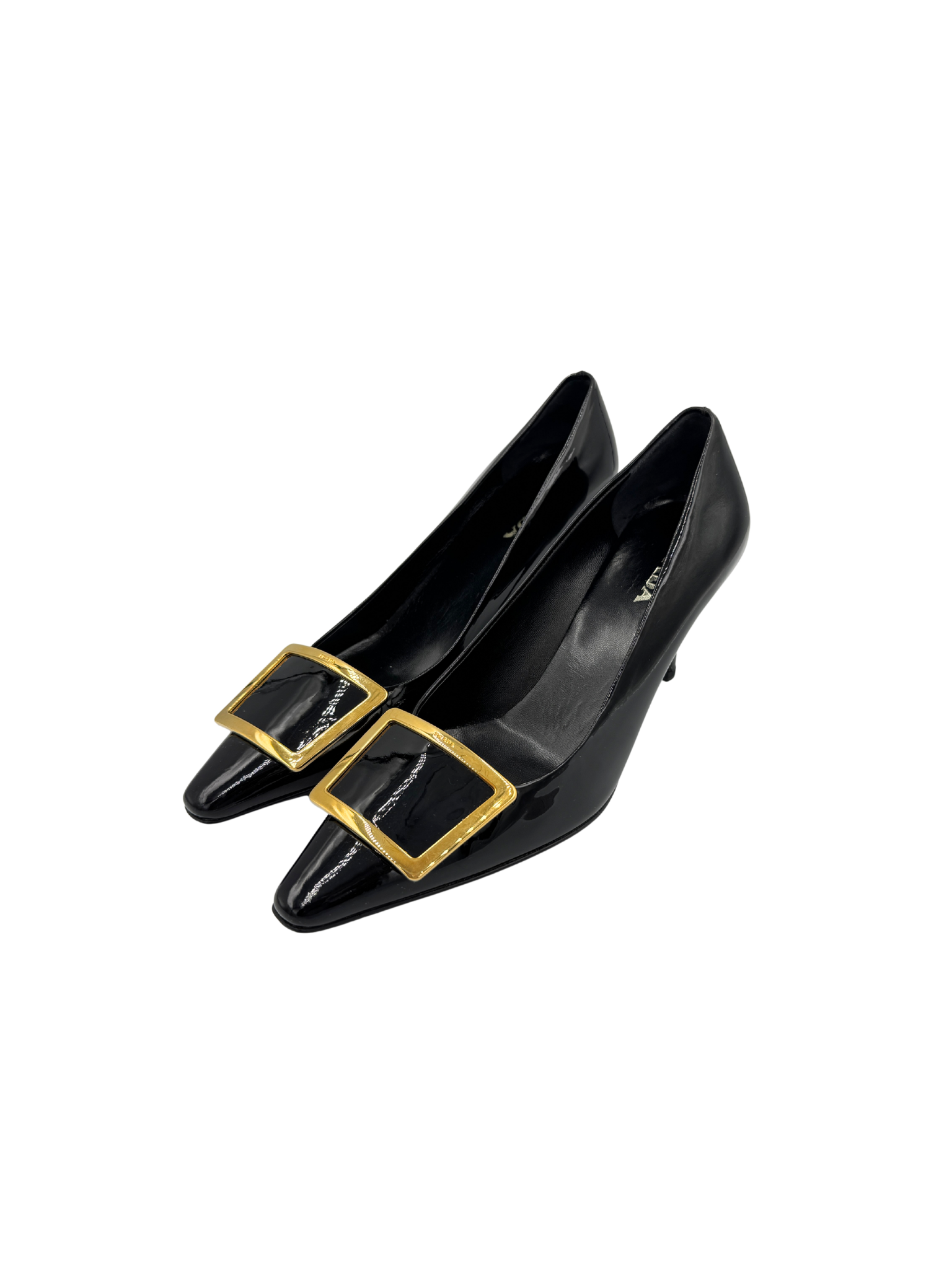 Size 36.5 Pointed Toe Pumps with Square Buckle in Black Leather