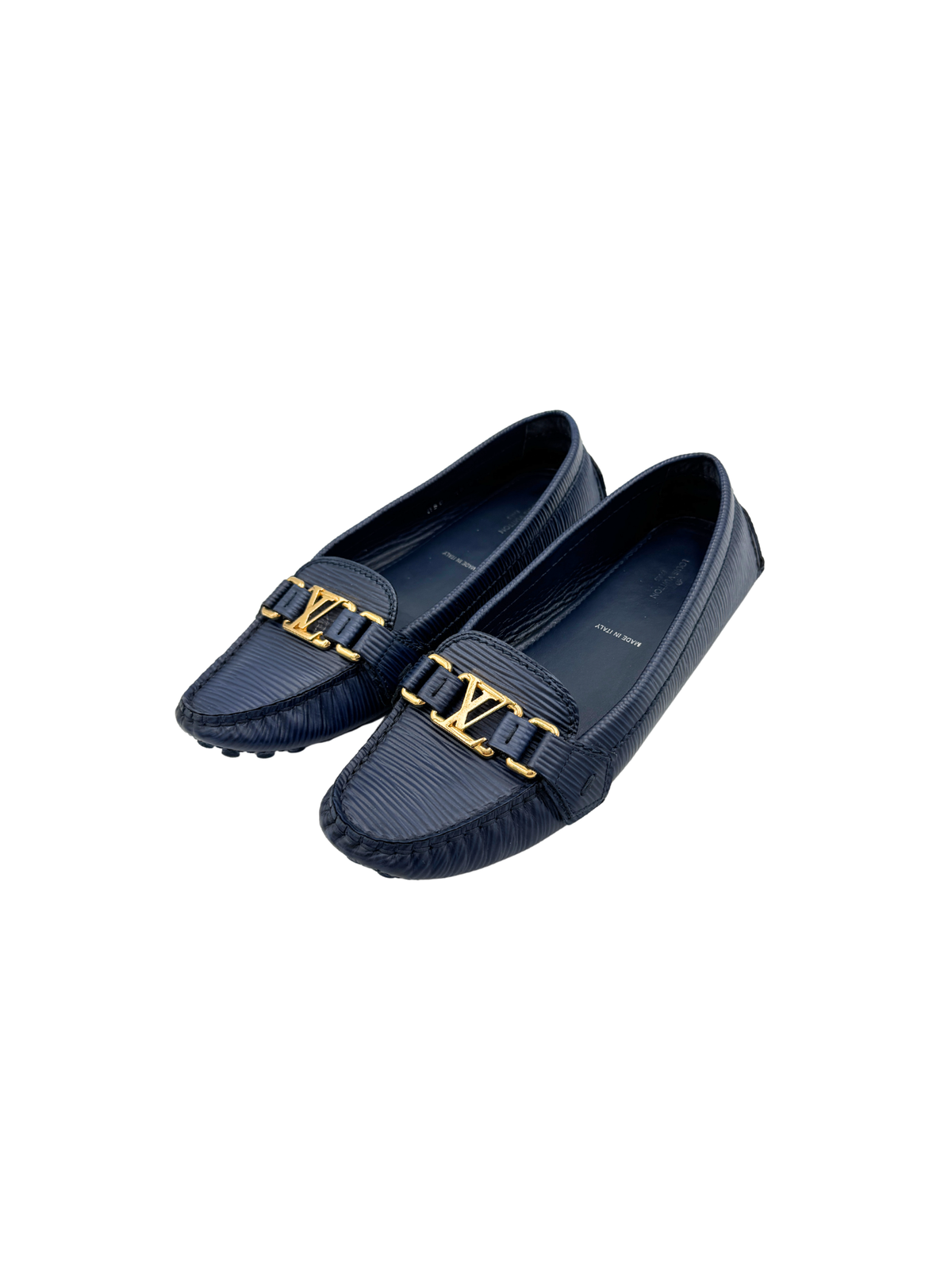 Size 38 Vintage LV Logo Flat Driving Loafer Moccasins in Blue Epi Leather