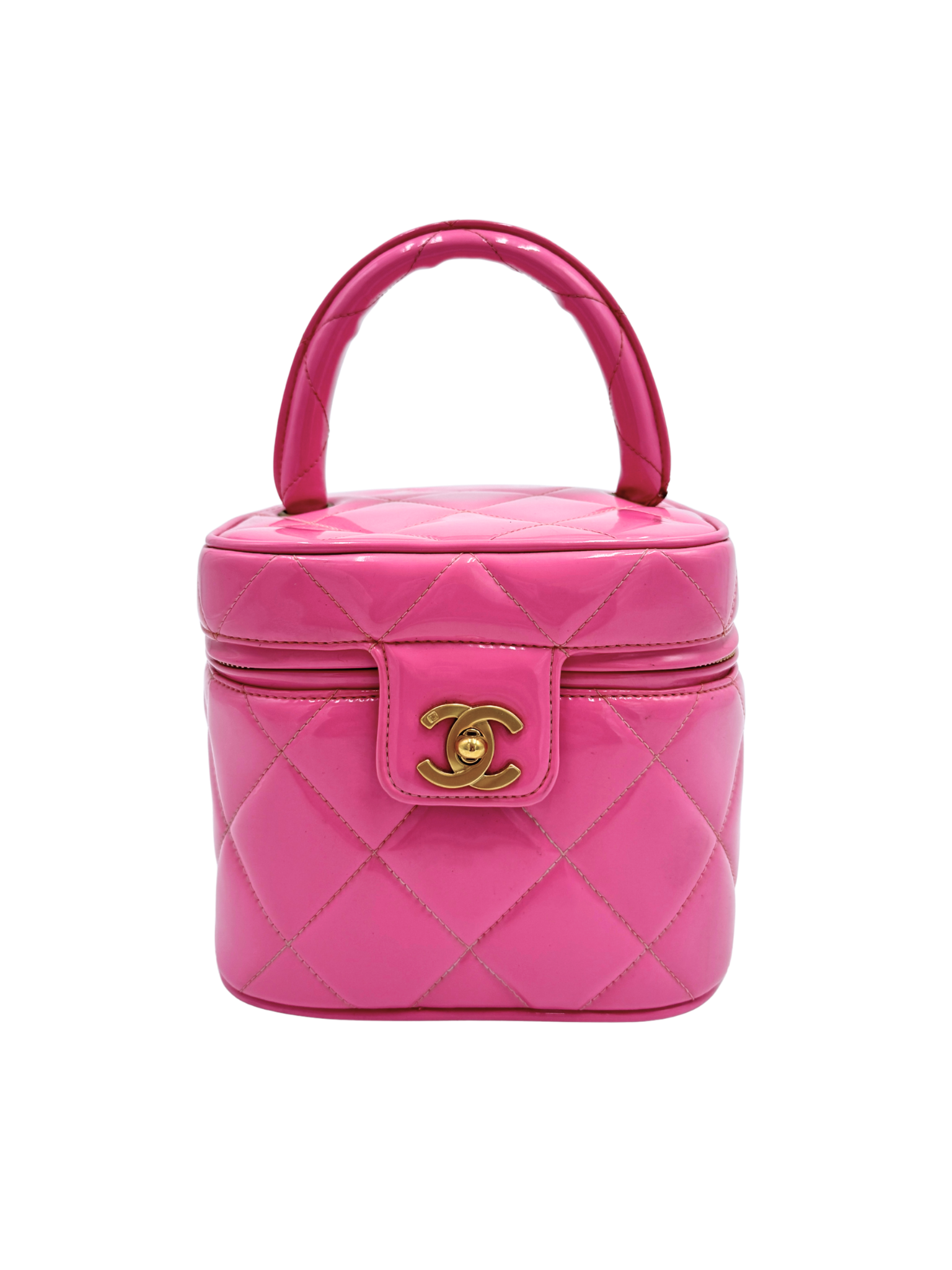 Vintage 1995 Barbie Quilted Vanity Case with Top Handle in Pink Patent Leather