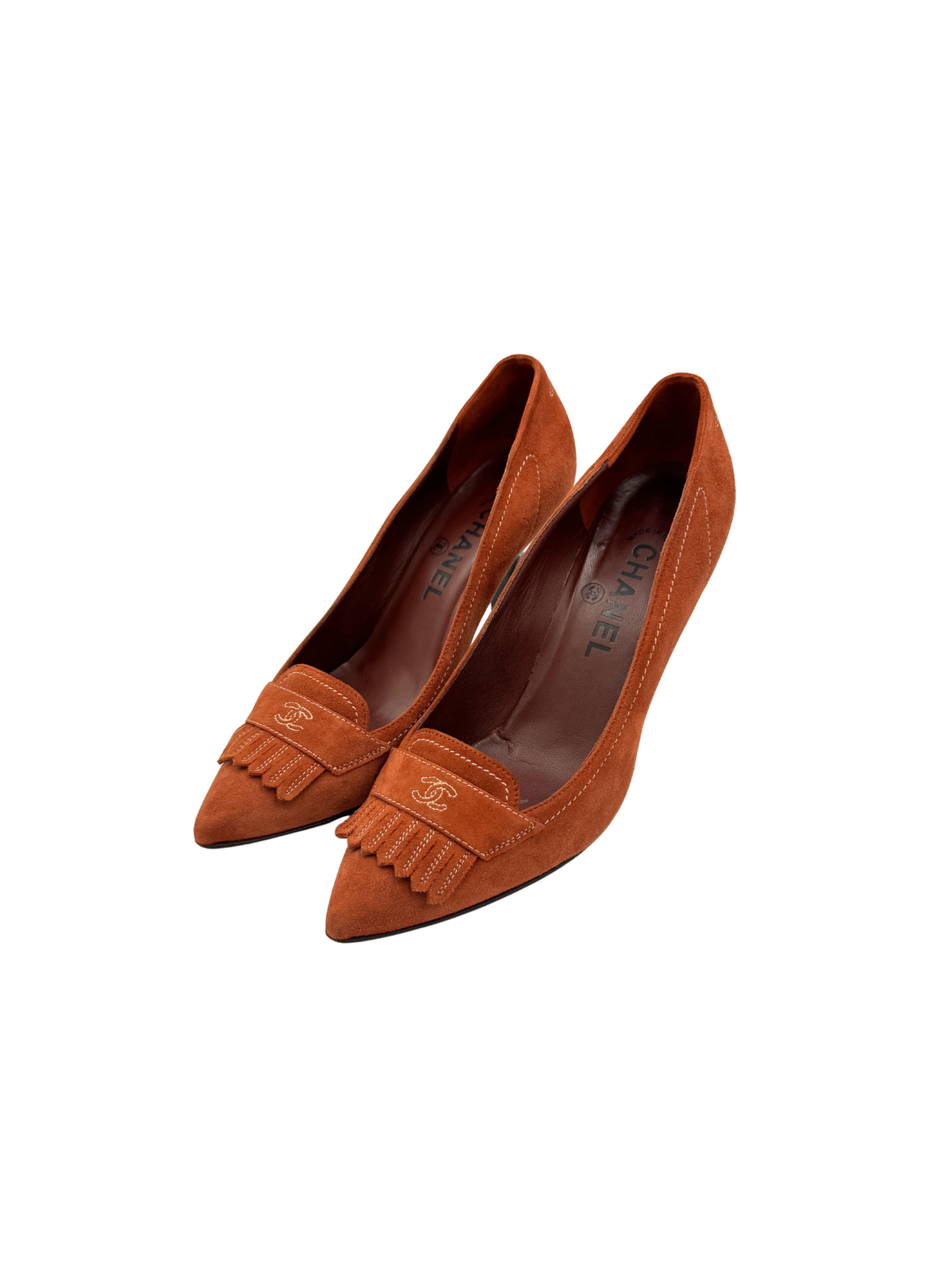 Size 37.5 Vintage Karl Lagerfeld Era CC Pointed Toe Pumps with Fringe in Burnt Orange Suede
