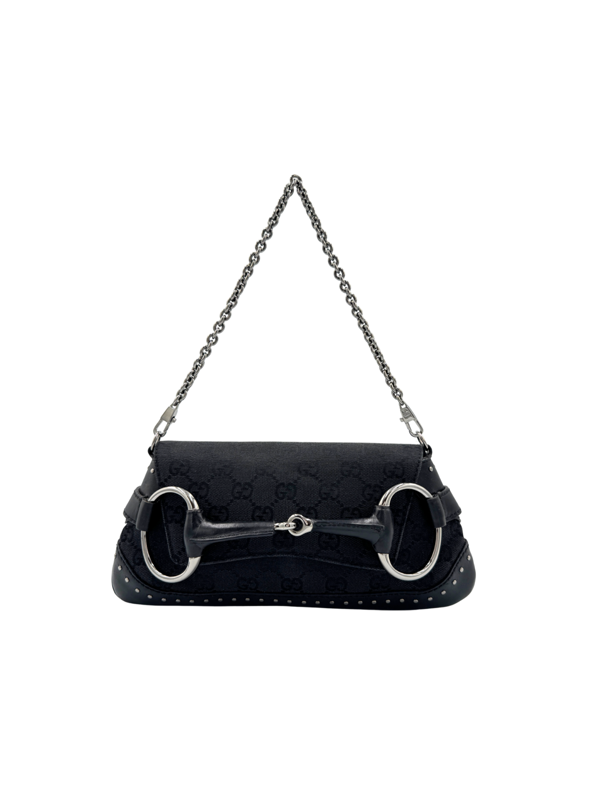 Vintage Tom Ford Era Studded Horsebit Shoulder Bag in Black Monogram GG Supreme Canvas