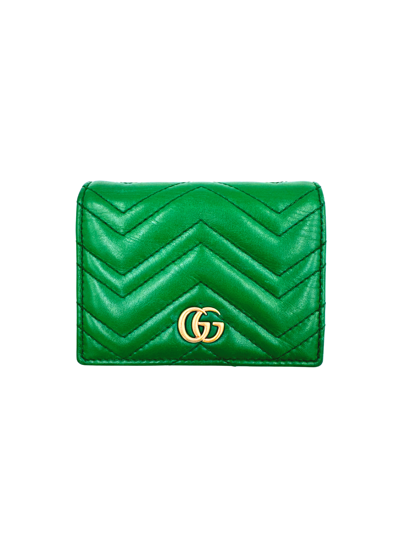 GG Marmont Chevron Matelasse Quilted Foldover Card Holder Wallet in Green Leather