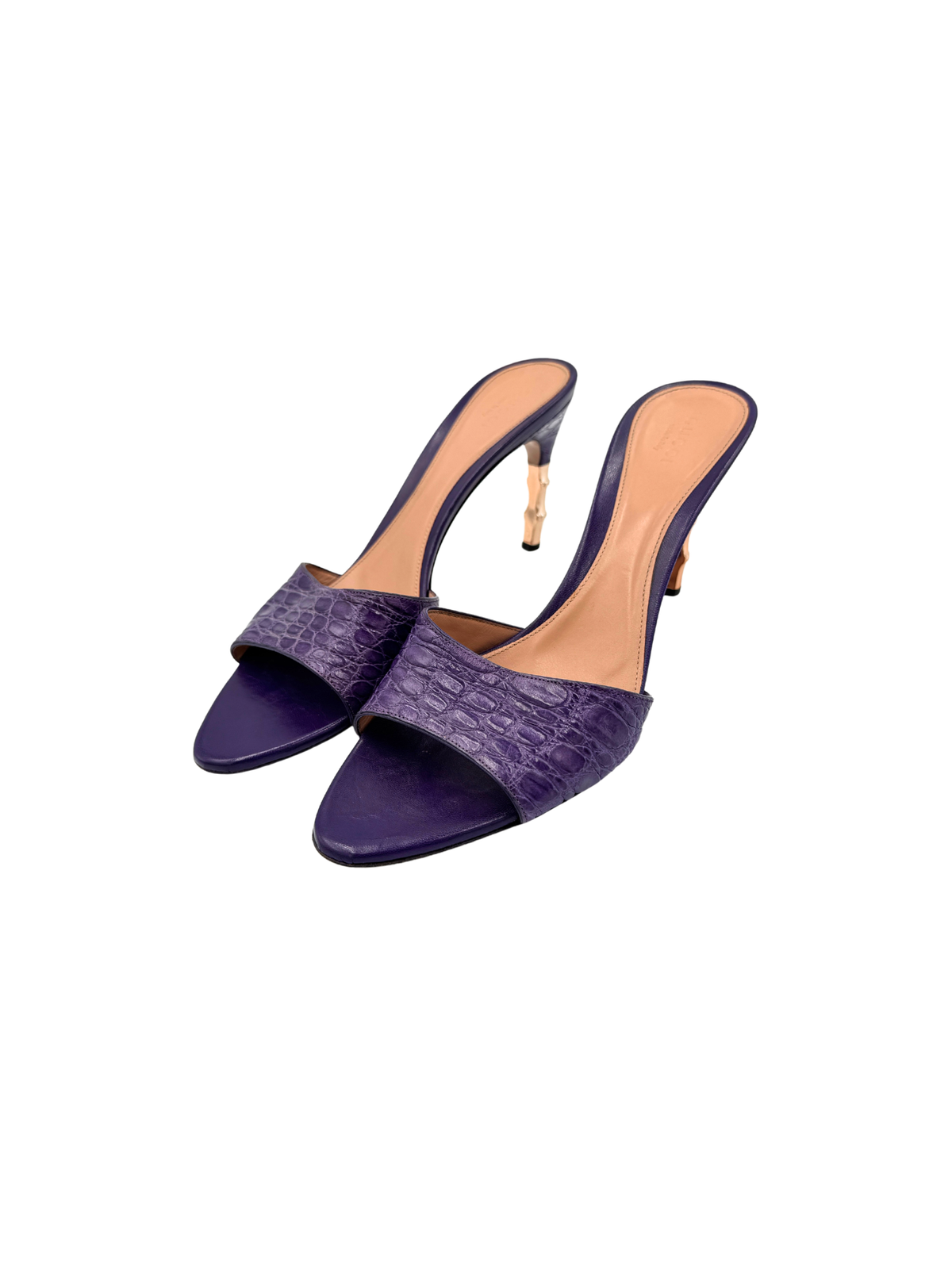 Size 8.5 Vintage Tom Ford Era 2004 Crocodile Mules with Bamboo Heels in Purple Crocodile Skin