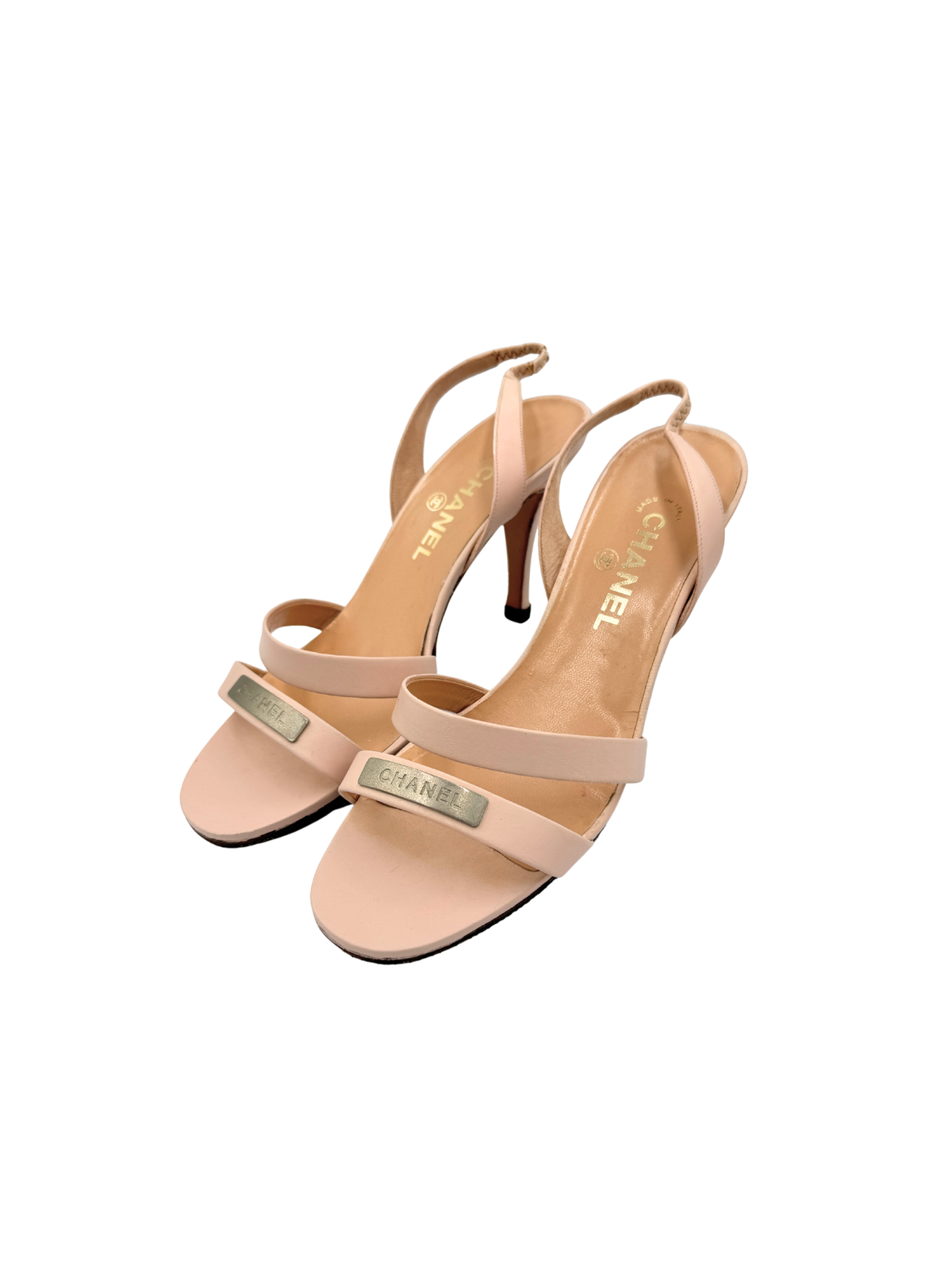 Size 40 Vintage Karl Lagerfeld Era Logo Plate Strappy Slingback Sandals in Blush Nude Leather