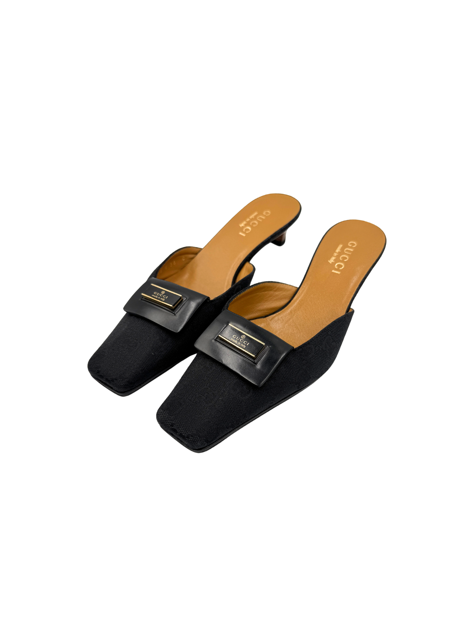 Size 36 Vintage Logo Plate Square Toe Slip-On Mules in Black Monogram GG Supreme Canvas