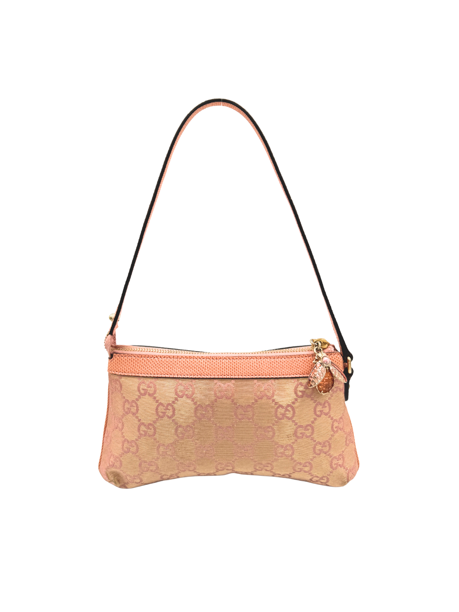 Iridescent GG Monogram Shoulder Bag Pochette with Bumble Bee Charm in Pink Canvas with Lizard Embossed Trim