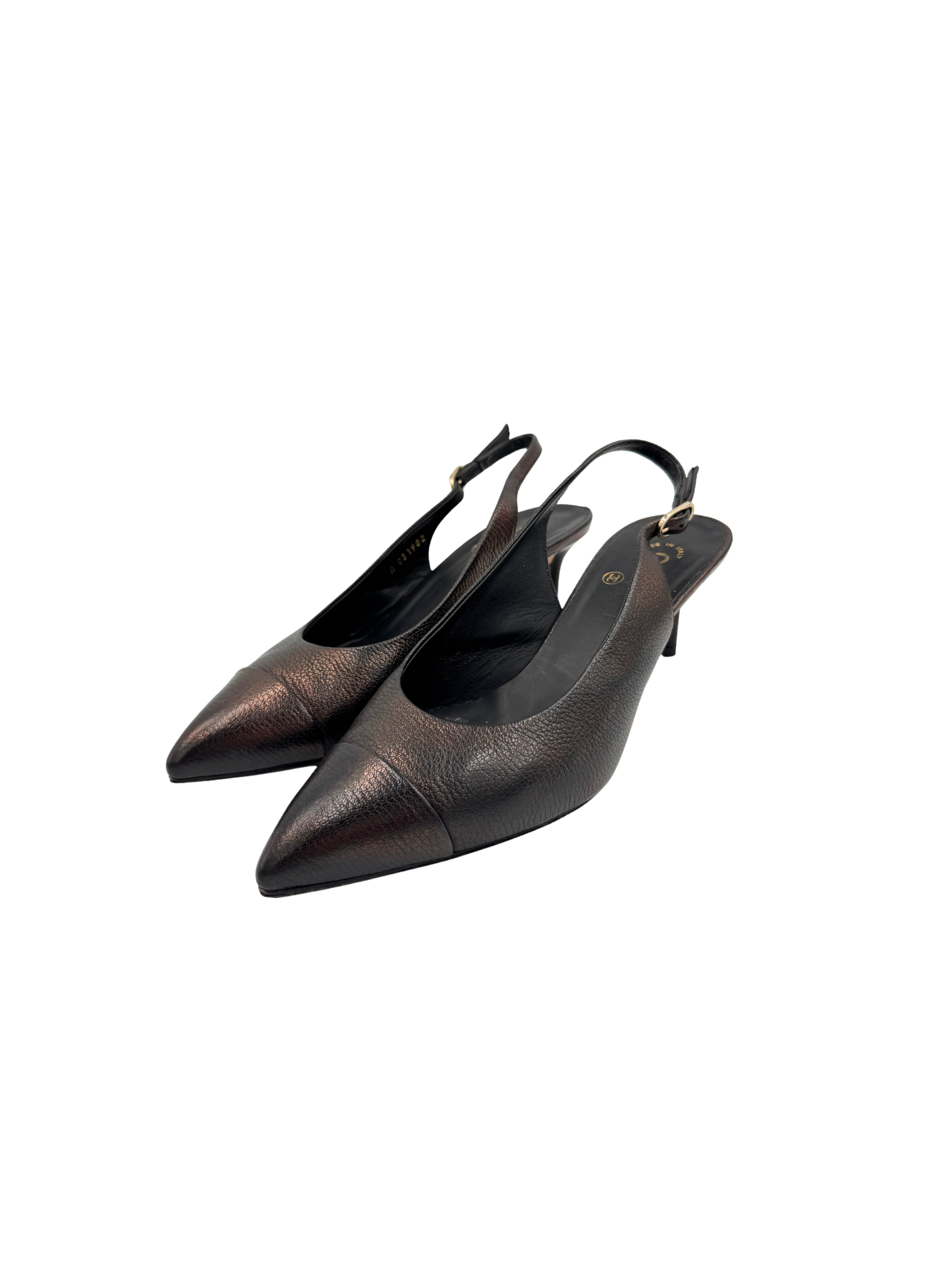 Size 39.5 Classic CC Cap-Toe Pointed Toe Slingback Pumps in Metallic Brown Leather
