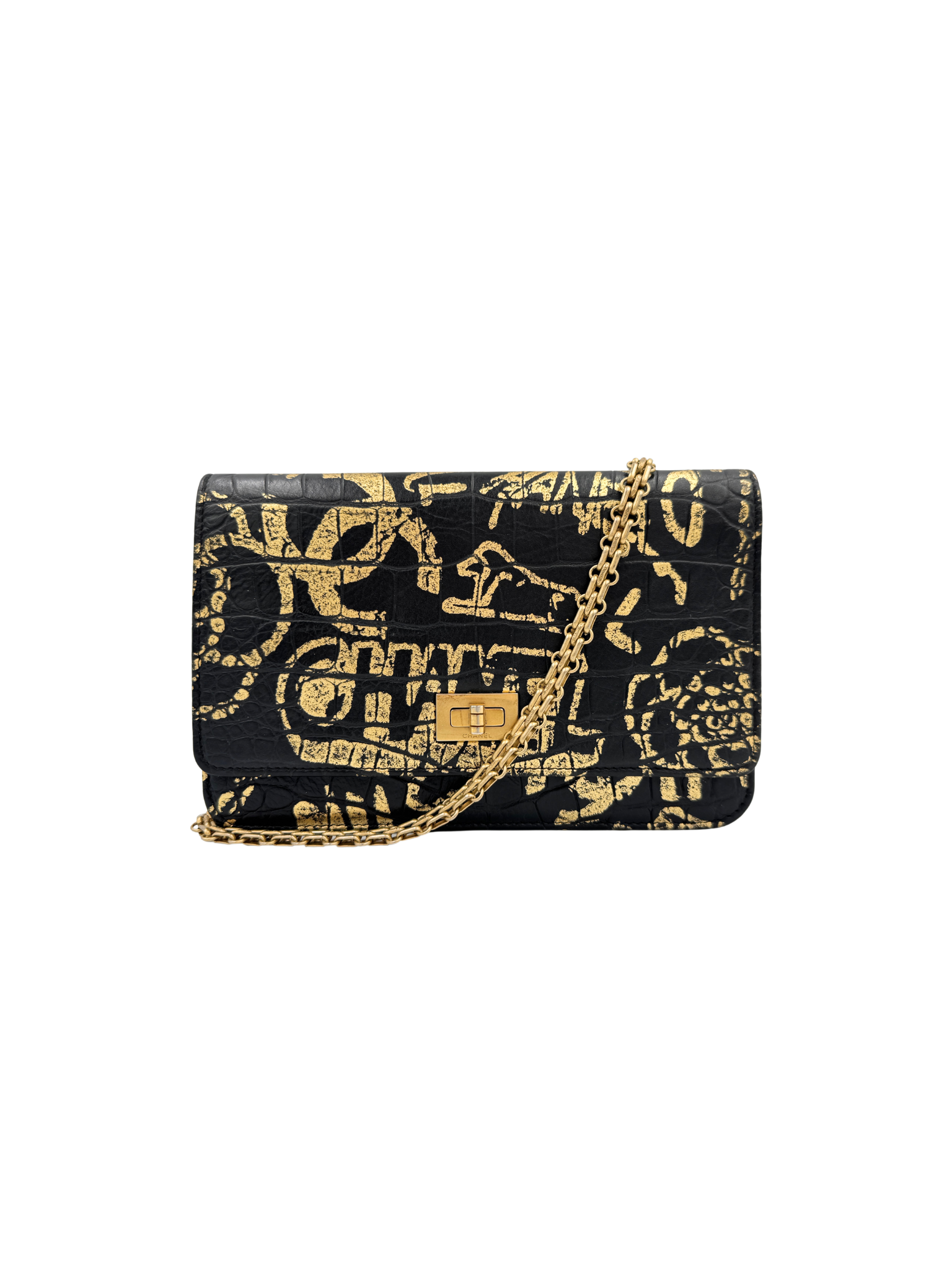 2019 Croc-Embossed Paris-New York Graffiti 2.55 Reissue Wallet on Chain in Black and Gold Leather
