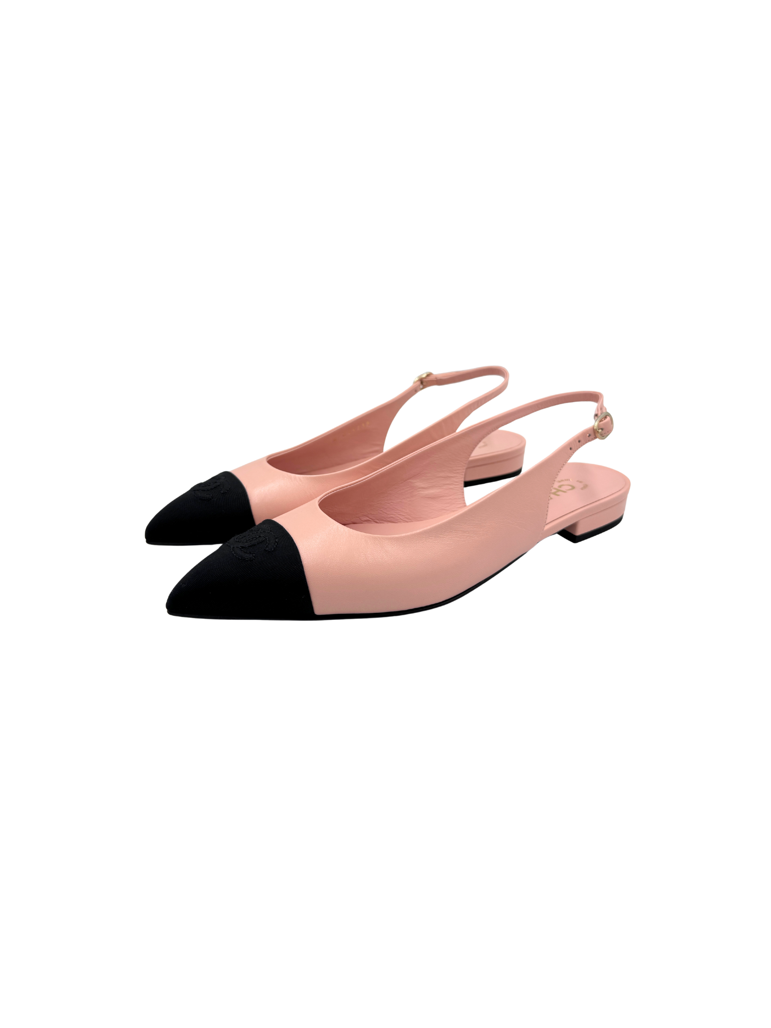 Size 39.5 2024 CC Logo Cap Toe Slingback Flats in Light Pink Goatskin Leather