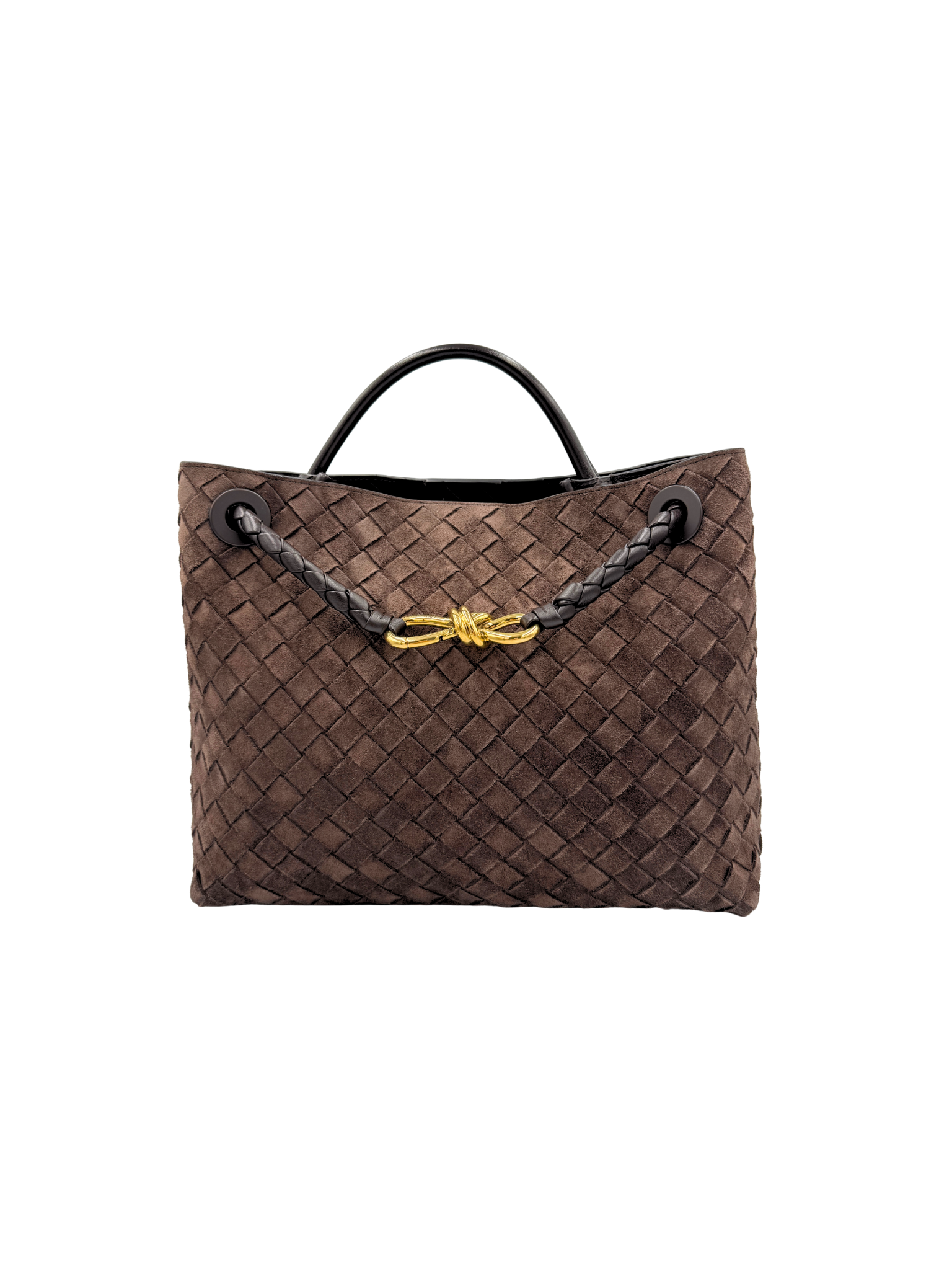 Medium Andiamo Shoulder Bag with Top Handle in Fondant Brown Intrecciato Suede