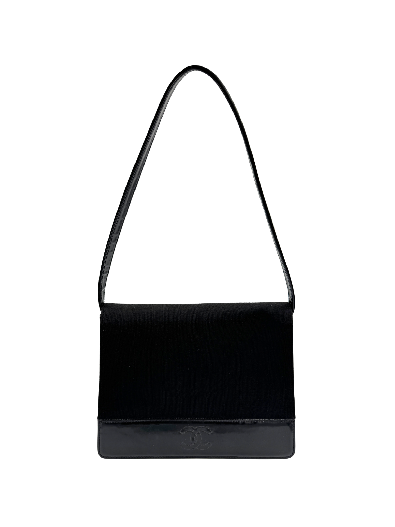 Vintage Shoulder Flap Bag with CC Accent in Black Jersey with Patent Leather Accents