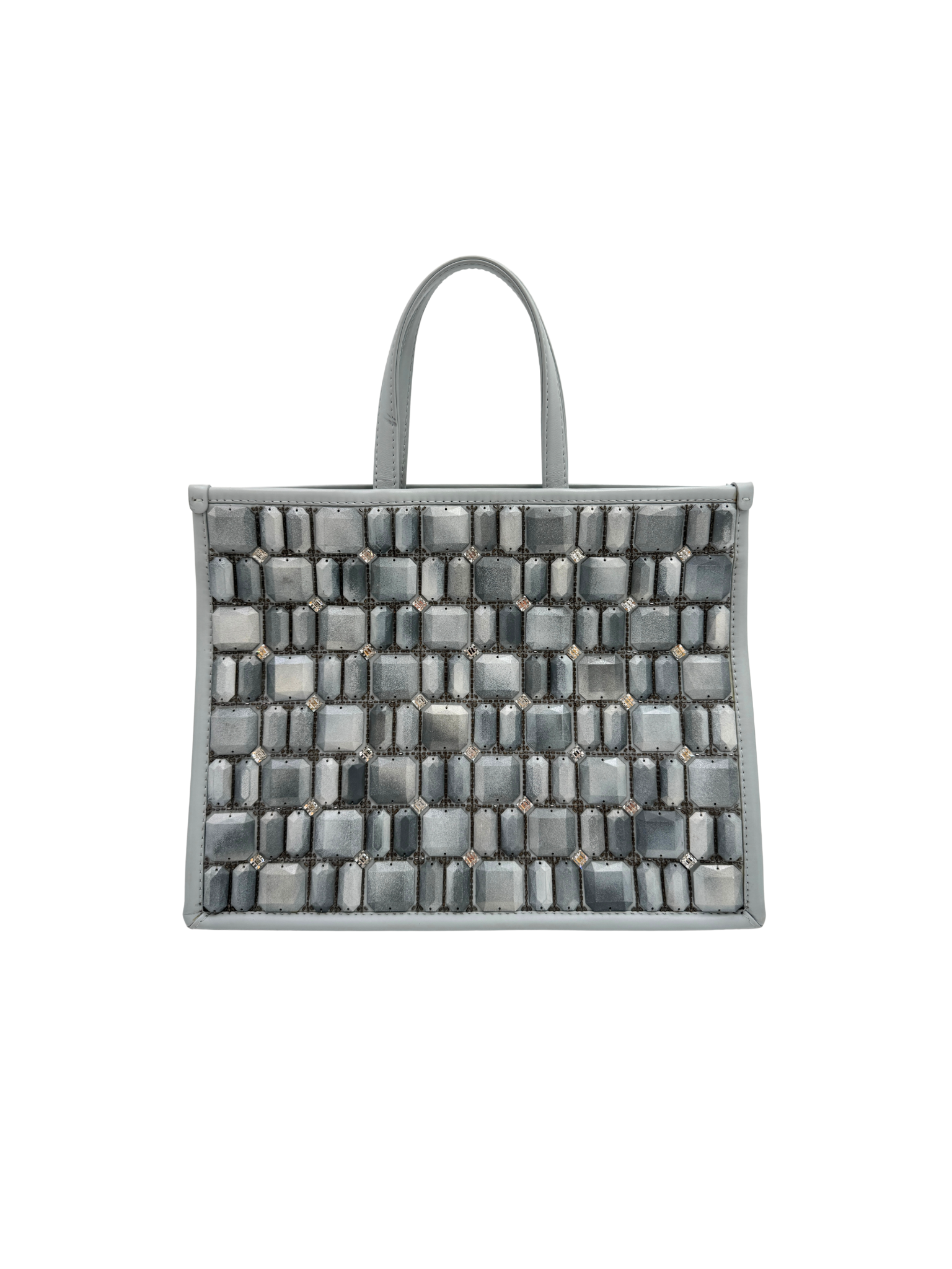 Embellished Watercolor Runway Shopping Tote Bag in Pale Blue Calfskin Leather