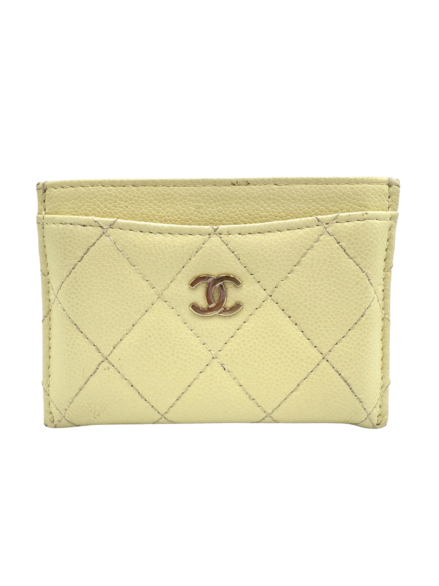 Quilted Classic CC Card Holder Wallet in Light Yellow Caviar Leather