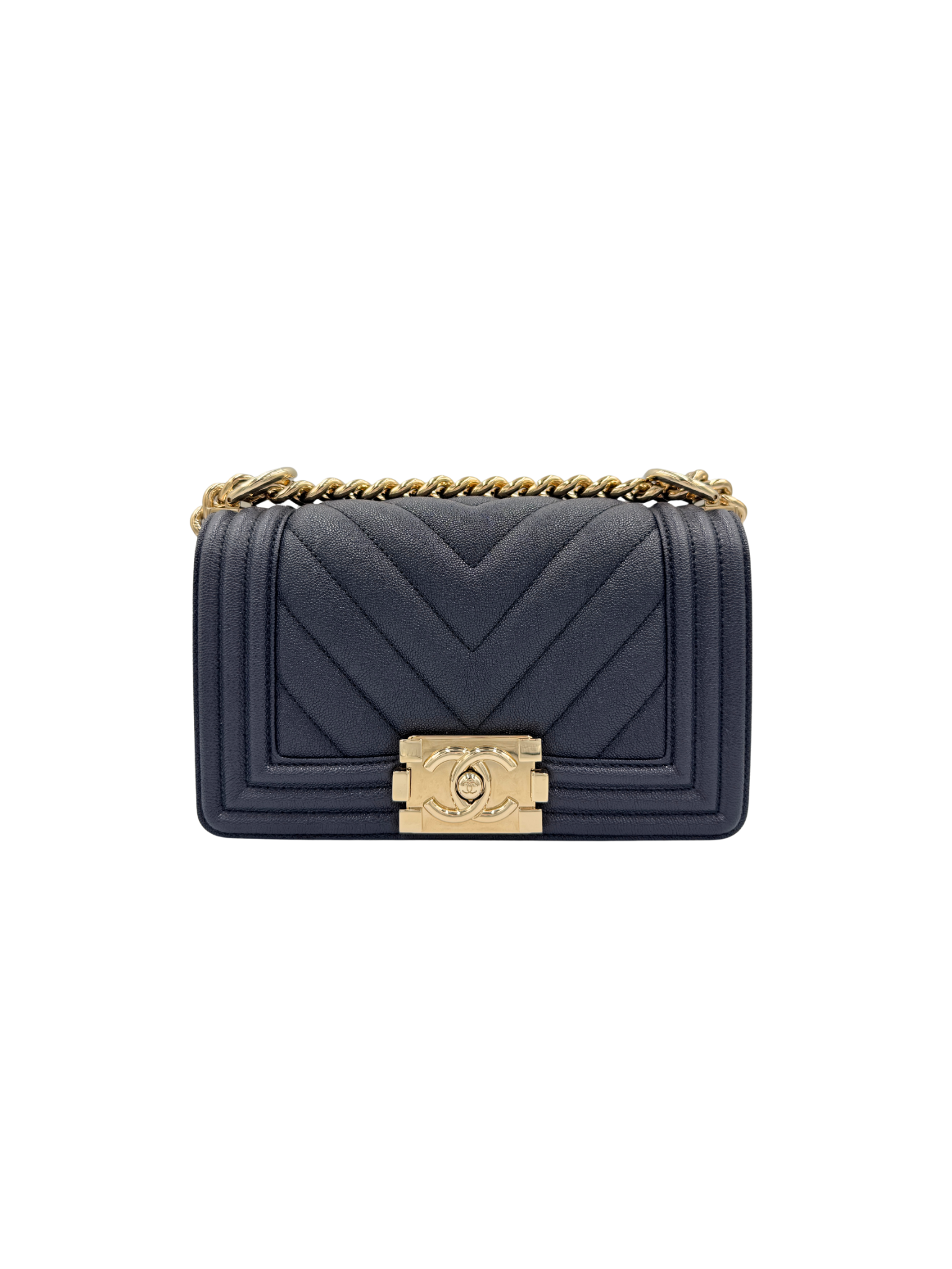 2020 Small Chevron Boy Bag in Navy Blue Caviar Leather