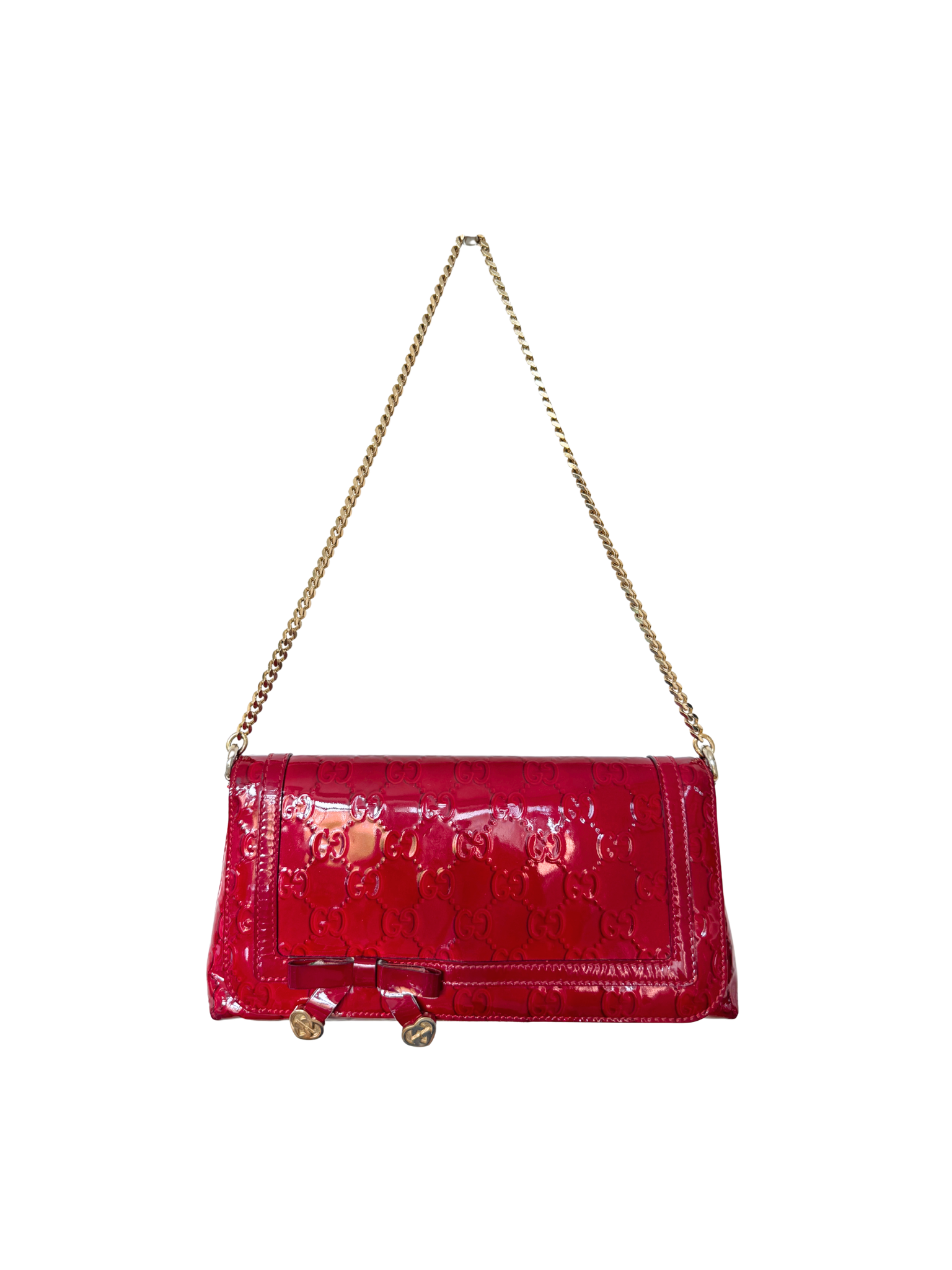 GG Monogram Shoulder Bag Pochette with Heart Accents in Red Patent Leather