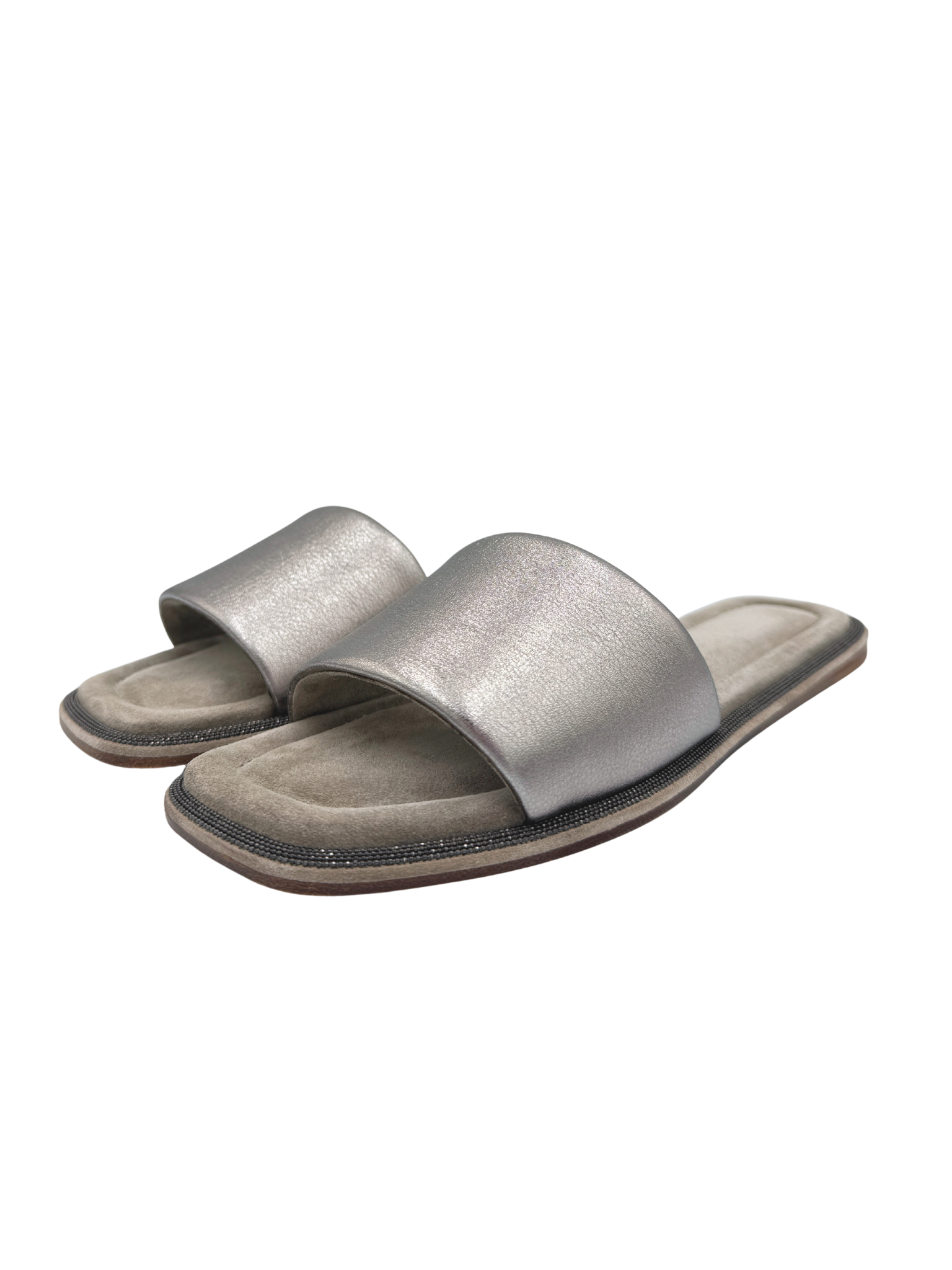 Size 40 Flat Slide Sandals in Silver Leather & Grey Suede