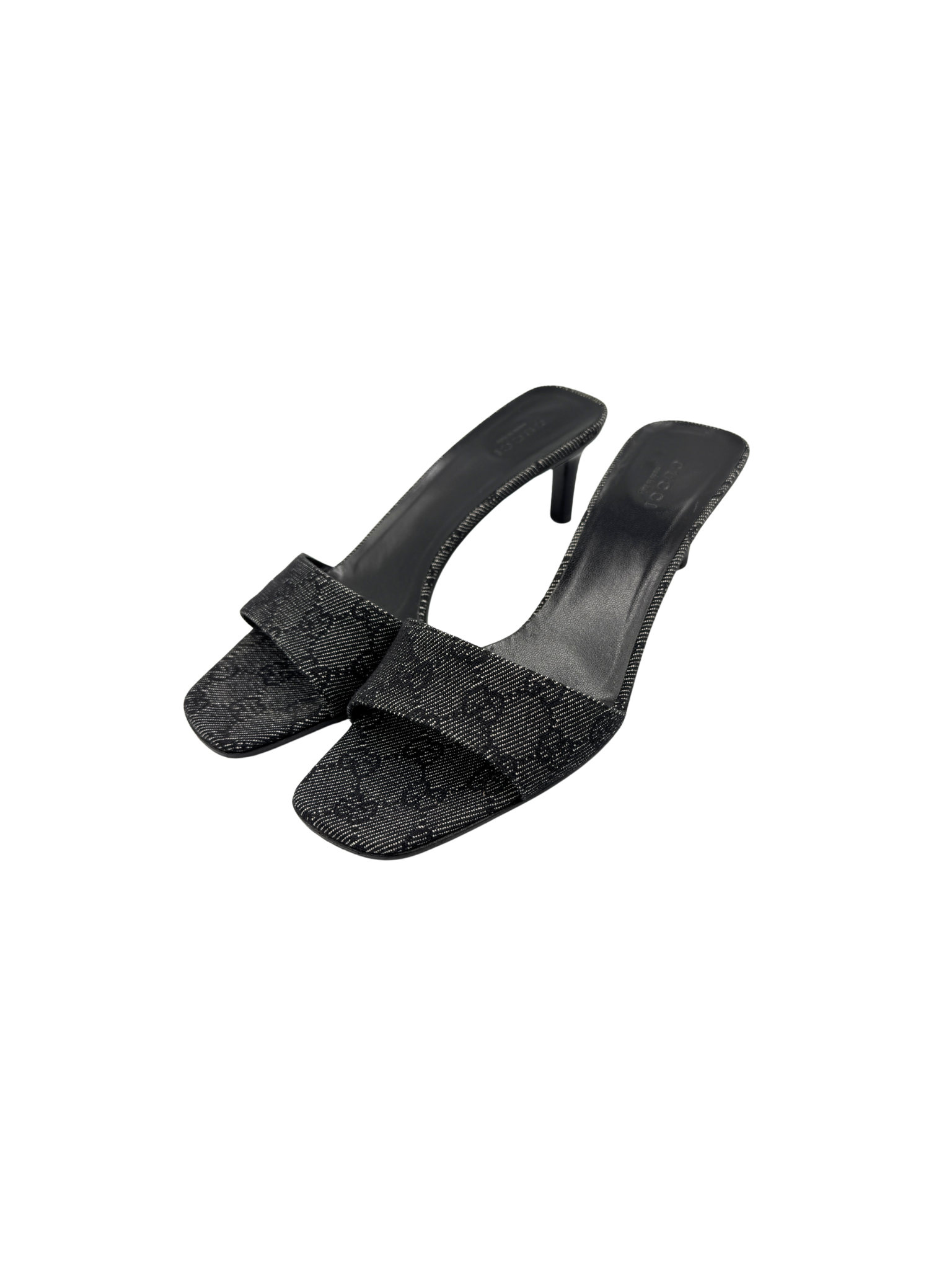Size 7.5 Vintage Tom Ford Era Logo Slip-on Heeled Mules in Grey and Black Monogram GG Supreme Canvas
