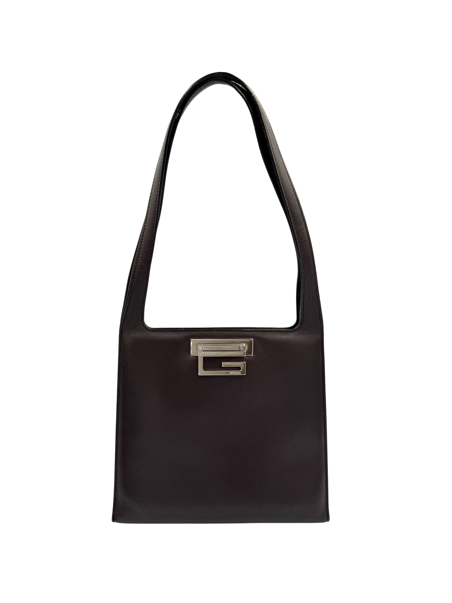 Vintage Tom Ford Era Structured G Logo Shoulder Bag in Espresso Brown Smooth Leather