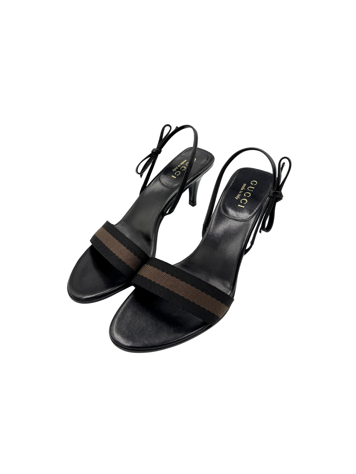 Size 7 Vintage Strappy Slingback Sandals with Bow in Black Leather with Canvas Strap