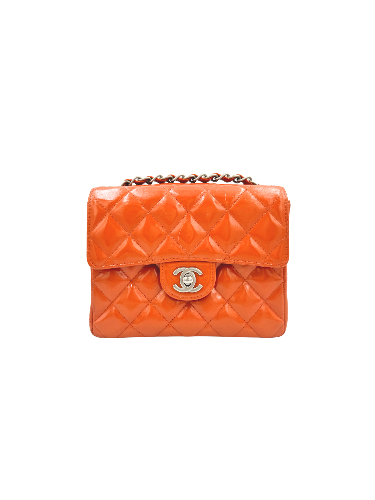 Vintage Karl Lagerfeld Era Square Mini Classic Flap Bag with CC Turnlock in Orange Patent Leather