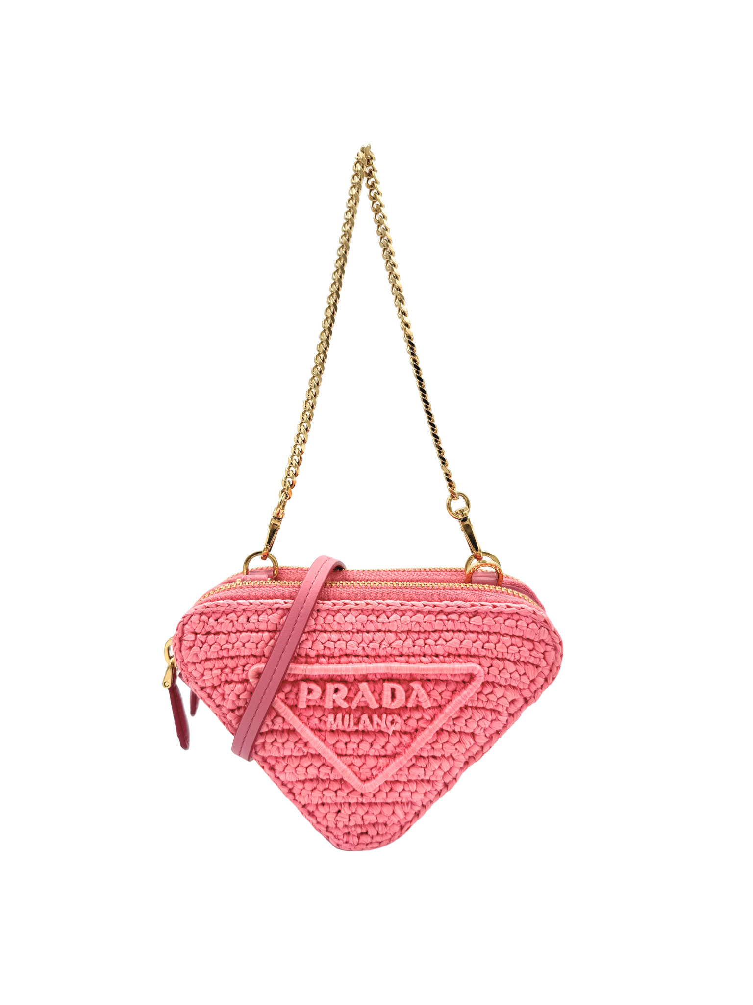 Triangle Logo Shoulder Bag in Pink Crochet Raffia & Leather