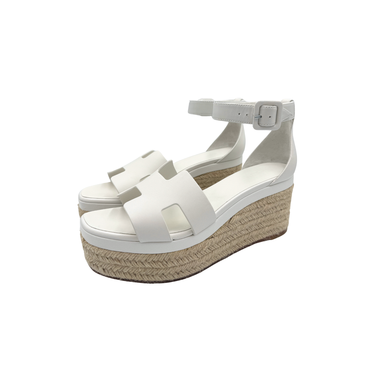 Hermes Size 40 Elda Espadrille Wedge Sandals in Blanc / White