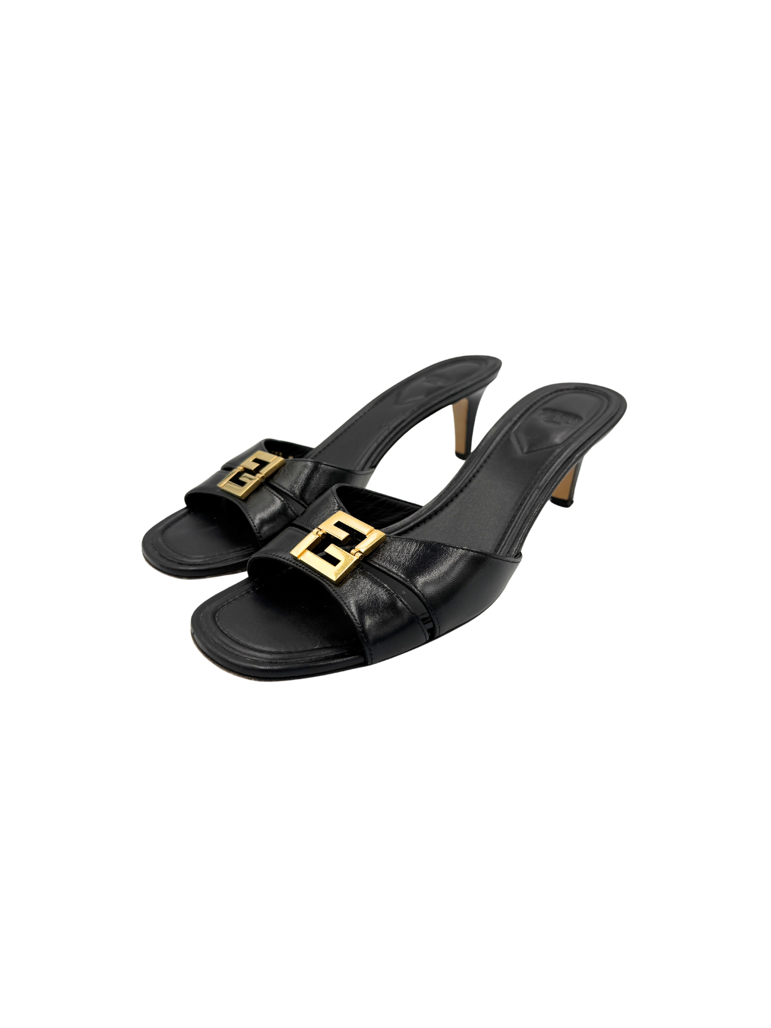 Size 39.5 FFold Heeled Mule Sandals in Black Leather