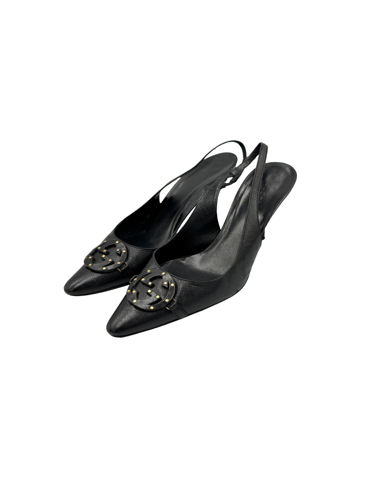 Size 8.5 Vintage Tom Ford Era Interlocking GG Pointed Toe Slingback Pumps in Black Leather