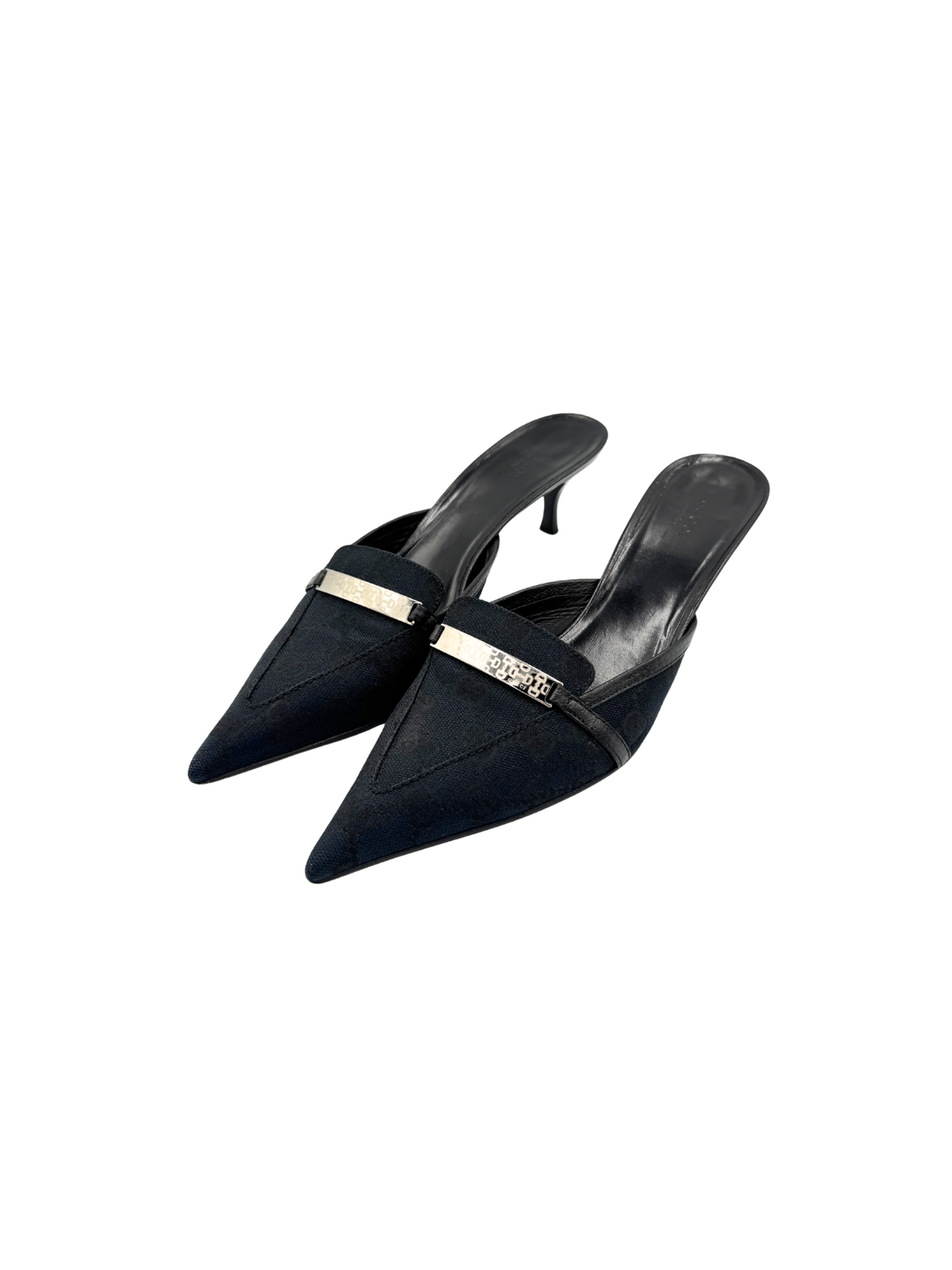 Size 9 Vintage Tom Ford Era Pointed Toe Mules with Horsebit Logo Plate  in Black Monogram GG Supreme Canvas