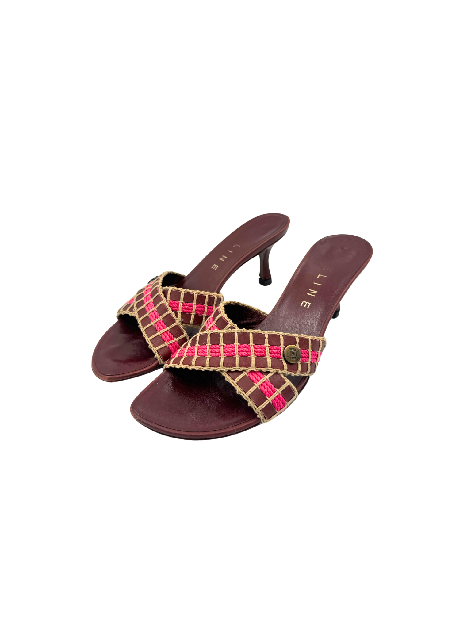 Size 37 Vintage Triomphe CC Logo Crochet Strappy Mule Sandals in Burgundy Red Leather with Pink Accents