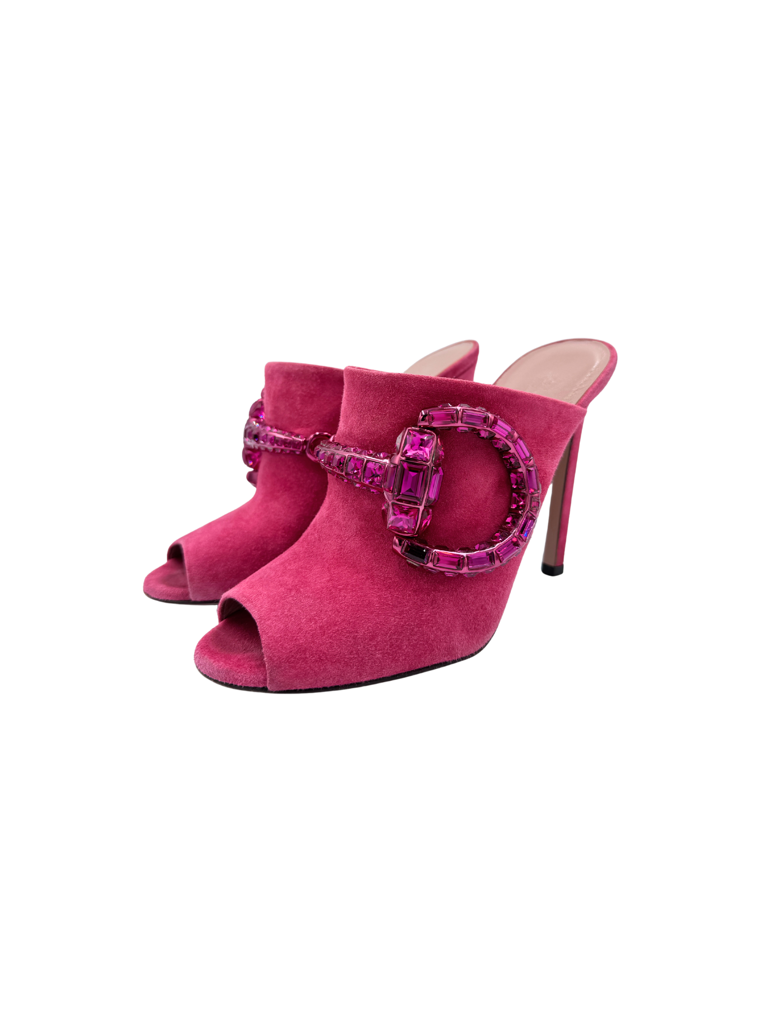 Size 37 Vintage Tom Ford Era Crystallized Horsebit Slip-on Mules in Hot Pink Suede