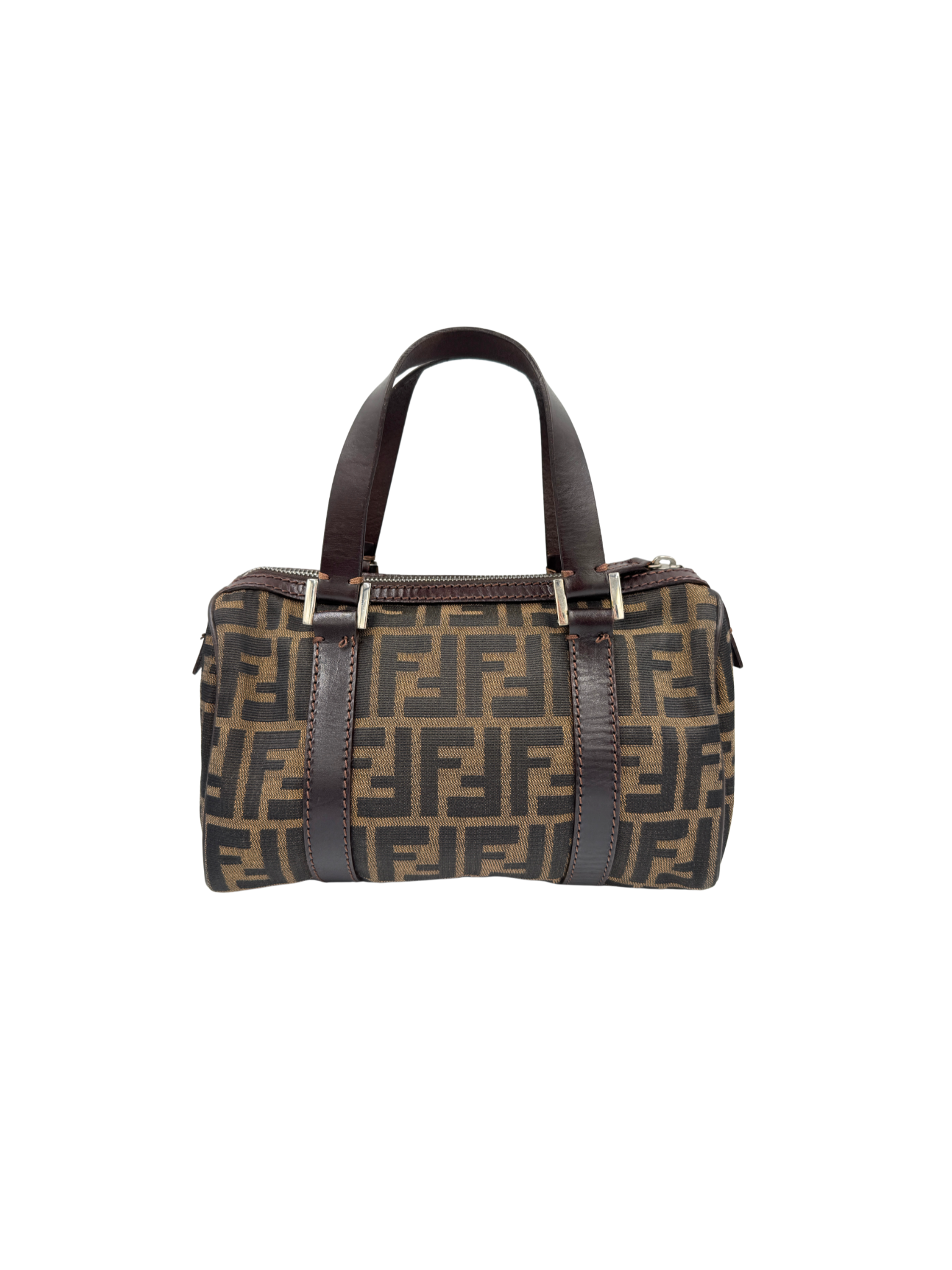 Vintage FF Zucca Boston Bag with Top Handle in Brown and Tan Monogram Canvas with Brown Leather Trim